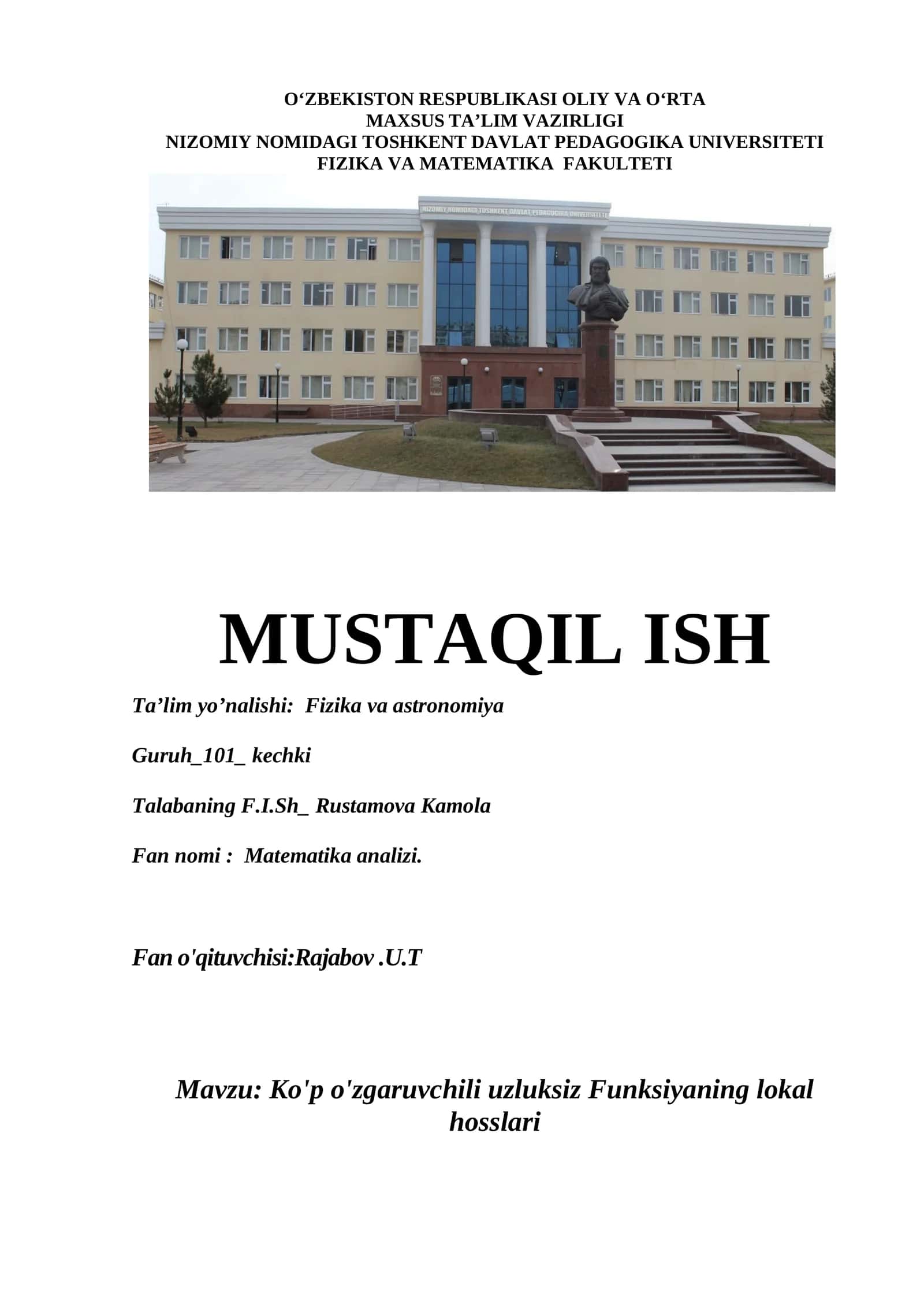 Ko'p o'zgaruvchili uzluksiz Funksiyaning lokal hosslari 1