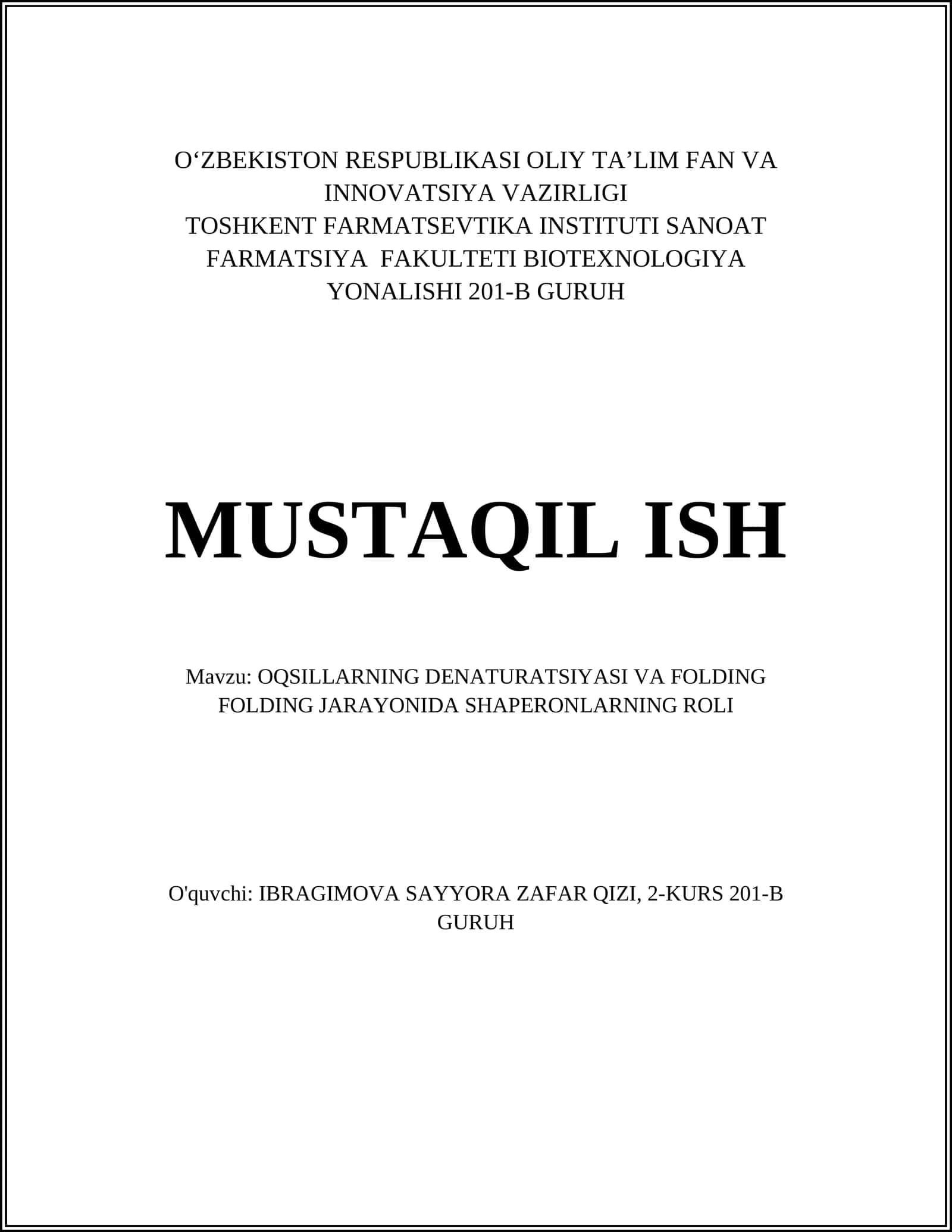 OQSILLARNING DENATURATSIYASI VA FOLDING FOLDING JARAYONIDA SHAPERONLARNING ROLI 1