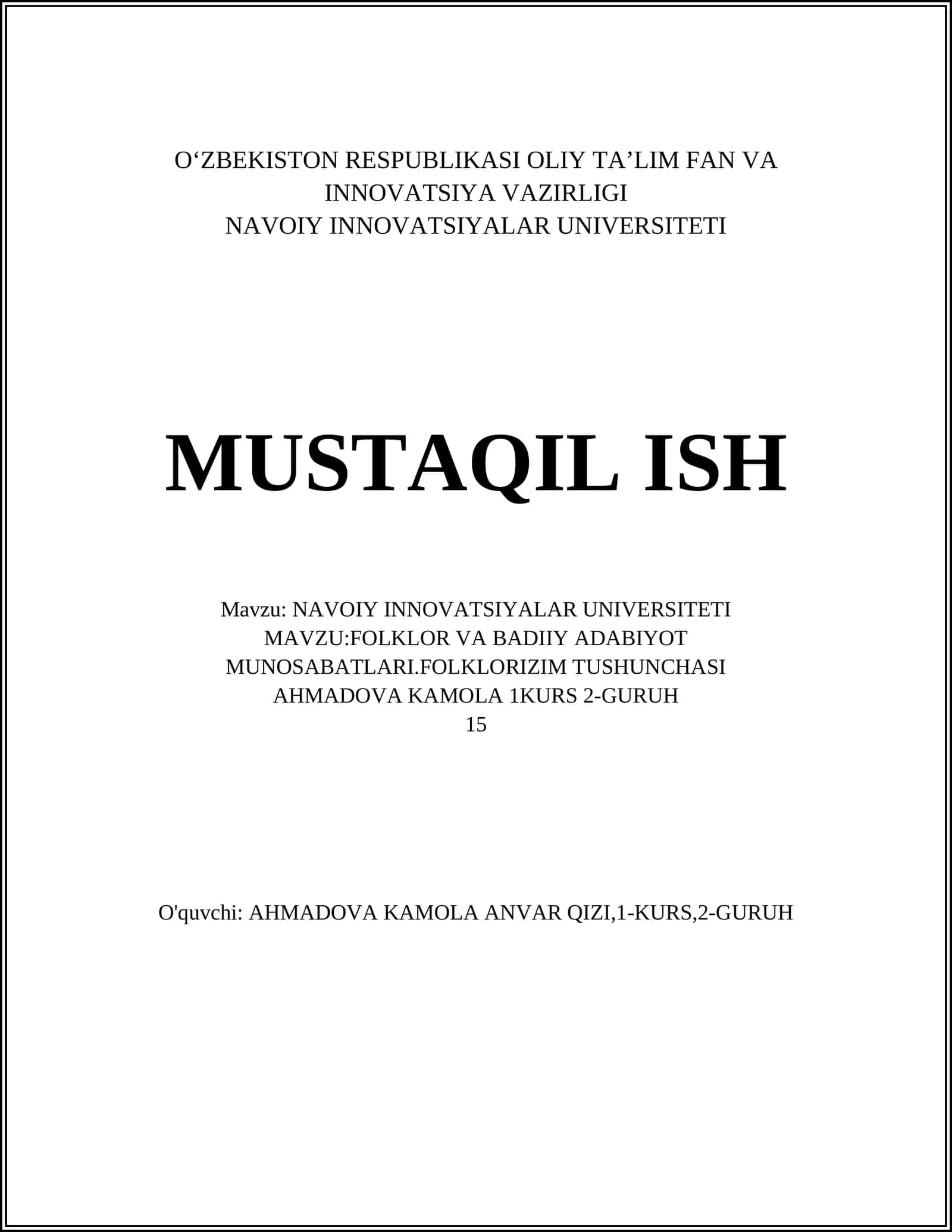 FOLKLOR VA BADIIY ADABIYOT MUNOSABATLARI.FOLKLORIZIM TUSHUNCHASI 1