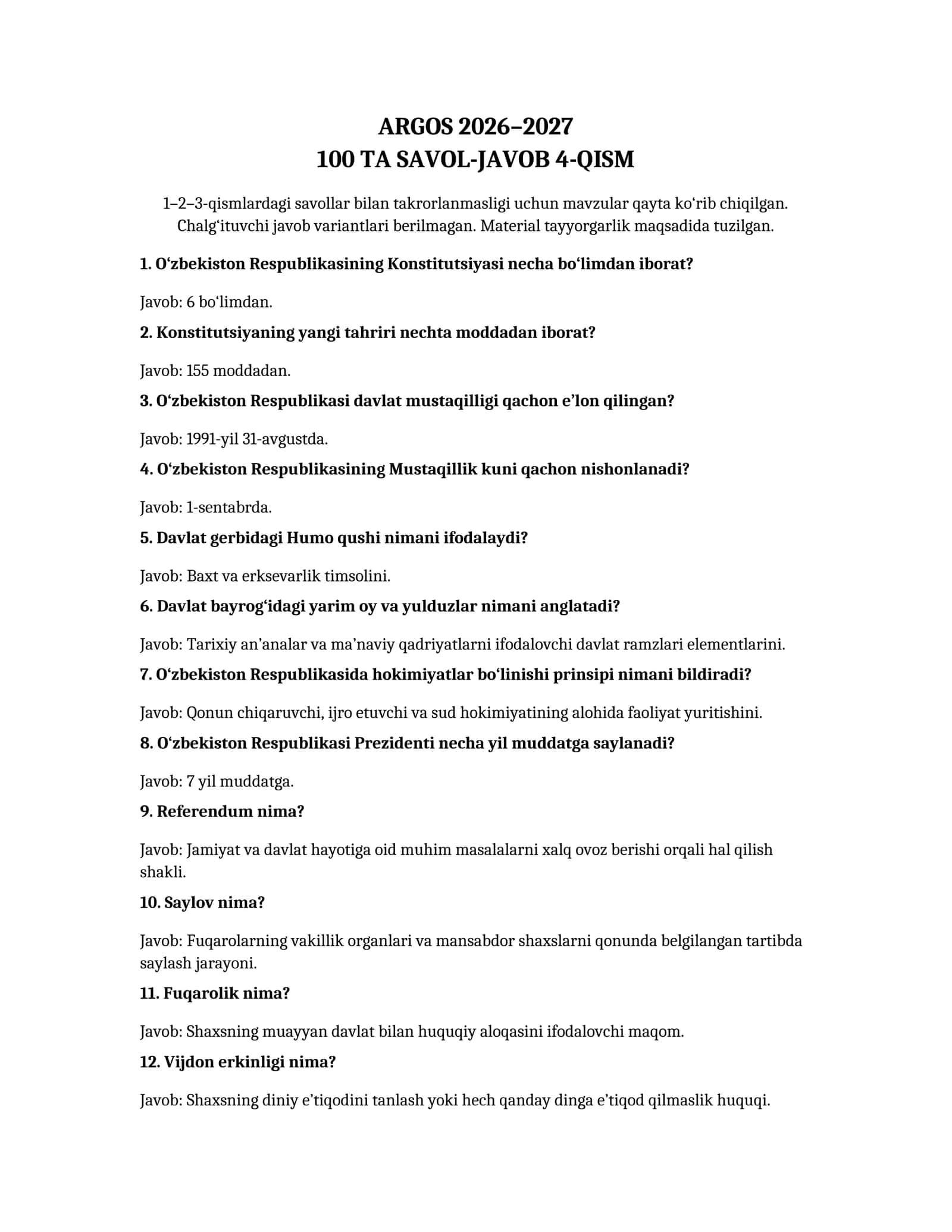 ARGOS 2026–2027 100 TA SAVOL-JAVOB 4-QISM 1
