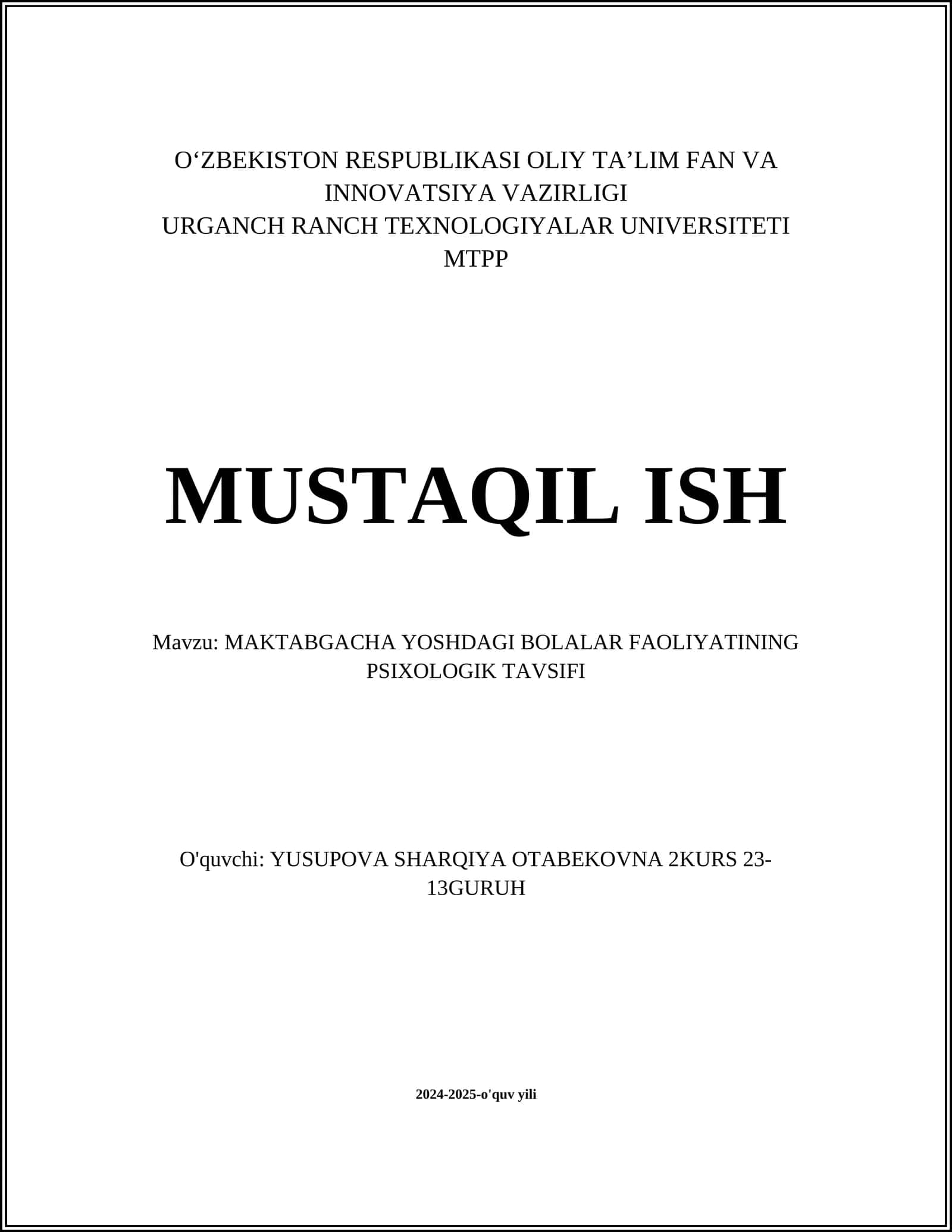 MAKTABGACHA YOSHDAGI BOLALAR FAOLIYATINING PSIXOLOGIK TAVSIFI 1