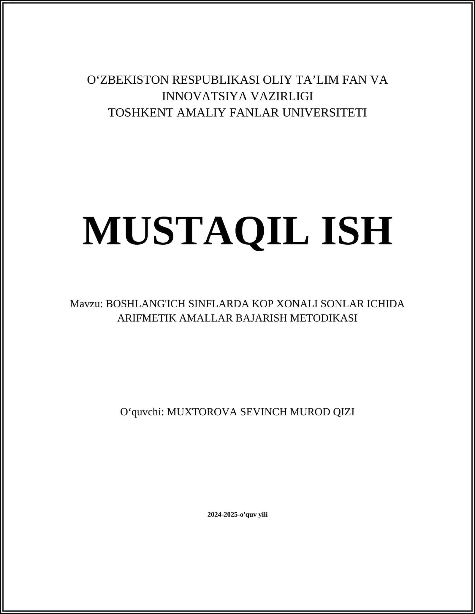 BOSHLANG'ICH SINFLARDA KOP XONALI SONLAR ICHIDA ARIFMETIK AMALLAR BAJARISH METODIKASI 1