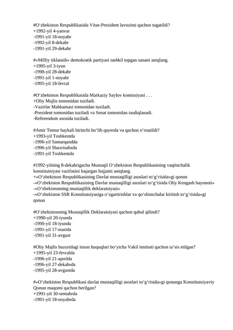 O'zbekistonning eng yangi tarixi fanidan test savollari 1