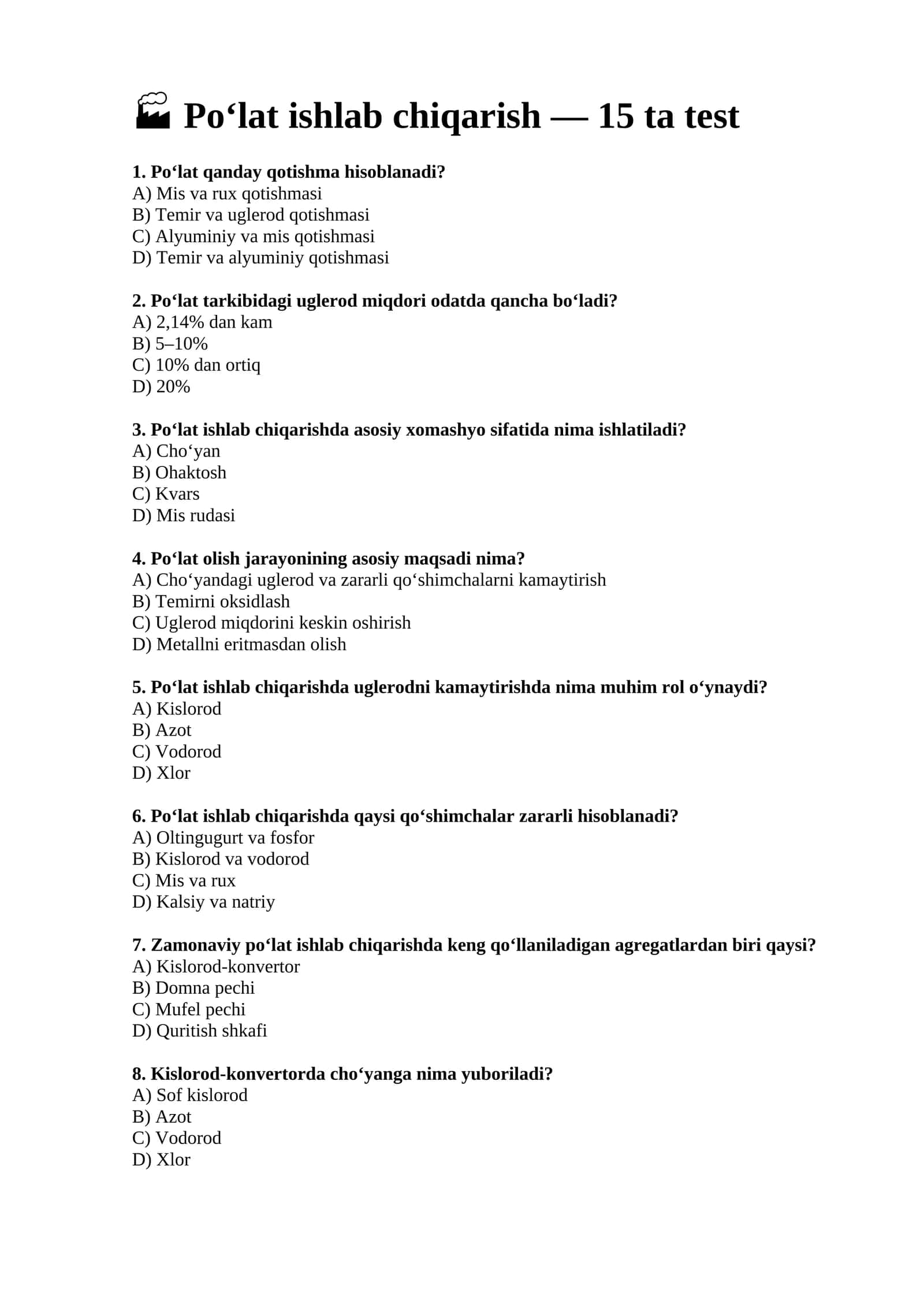 Po‘lat ishlab chiqarish — 15 ta test 1