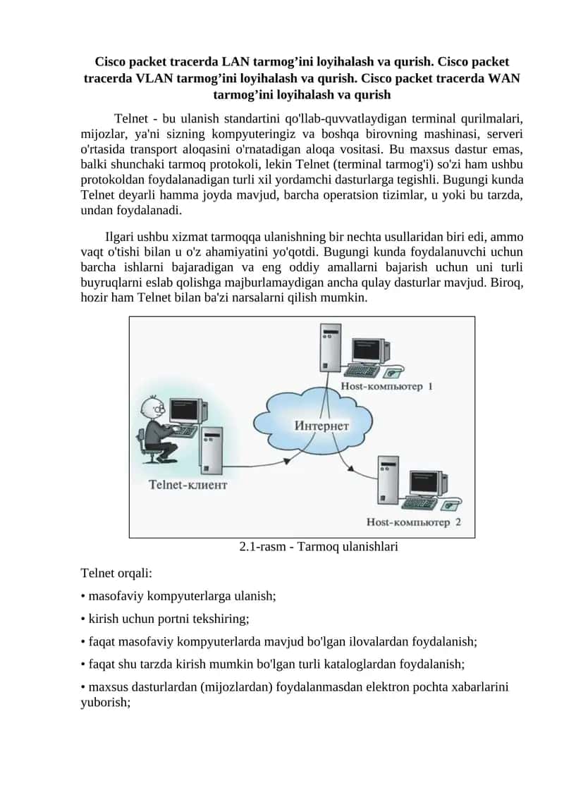 Telnet, ssh sozlash Cisco packet trecerda 1