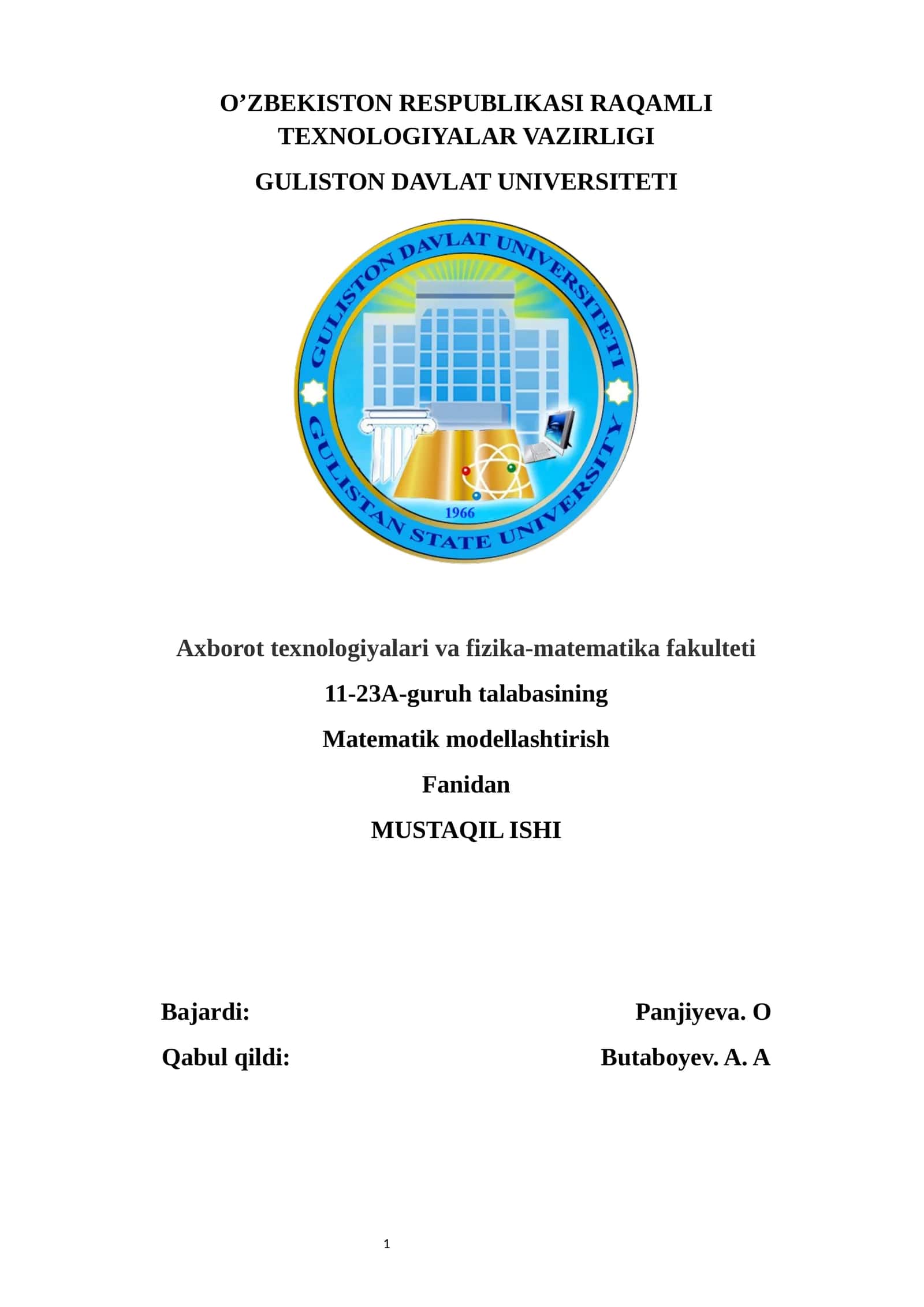 Matematik modellashtirish Fanidan - MUSTAQIL ISHI 1