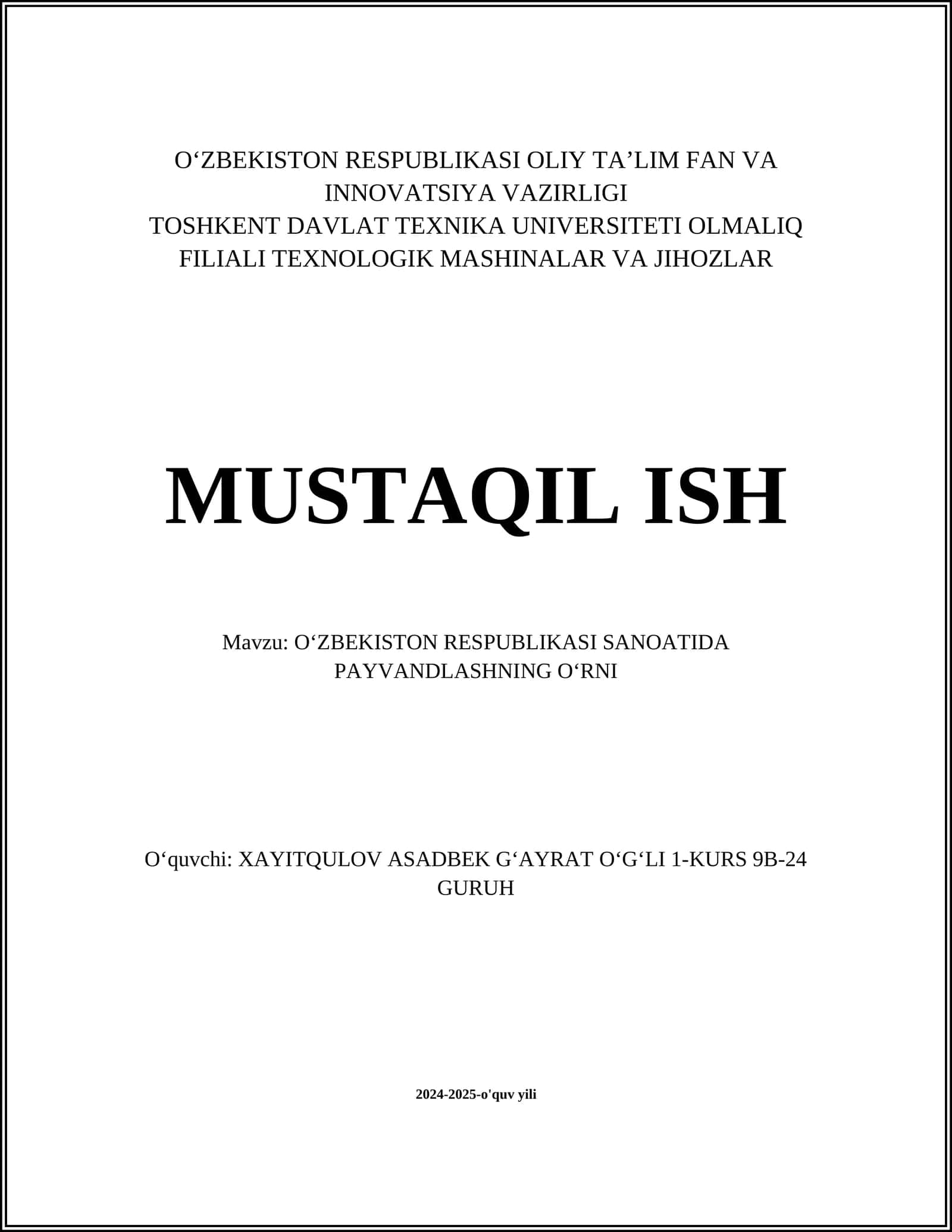 OʻZBEKISTON RESPUBLIKASI SANOATIDA PAYVANDLASHNING OʻRNI 1