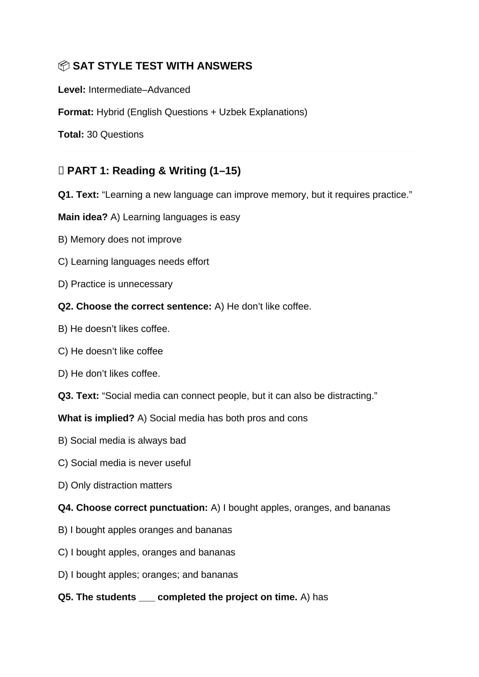 SAT STYLE TEST WITH ANSWERS 1