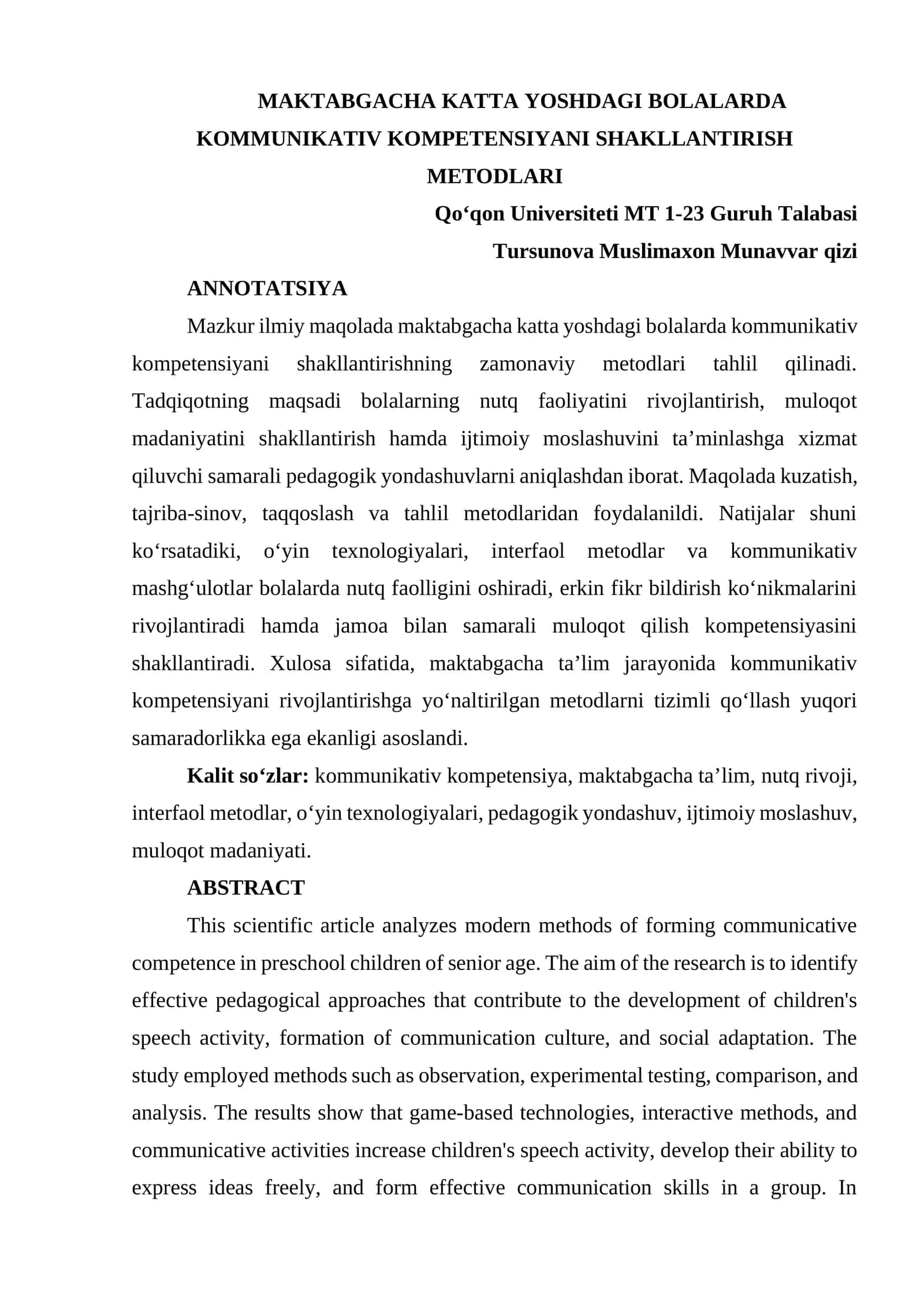 MAKTABGACHA KATTA YOSHDAGI BOLALARDA KOMMUNIKATIV KOMPETENSIYANI SHAKLLANTIRISH METODLARI 1