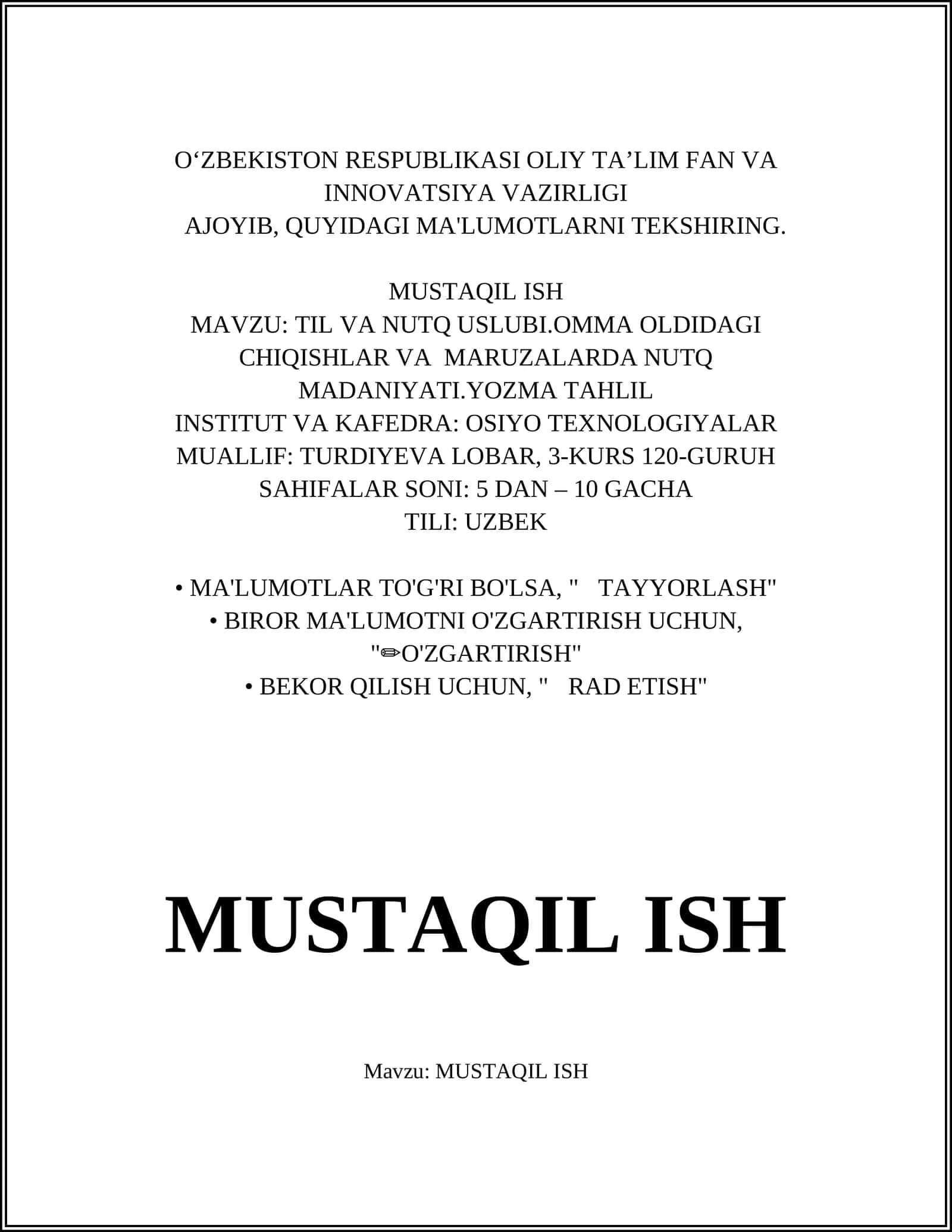 TIL VA NUTQ USLUBI.OMMA OLDIDAGI CHIQISHLAR VA MARUZALARDA NUTQ MADANIYATI.YOZMA TAHLIL 1
