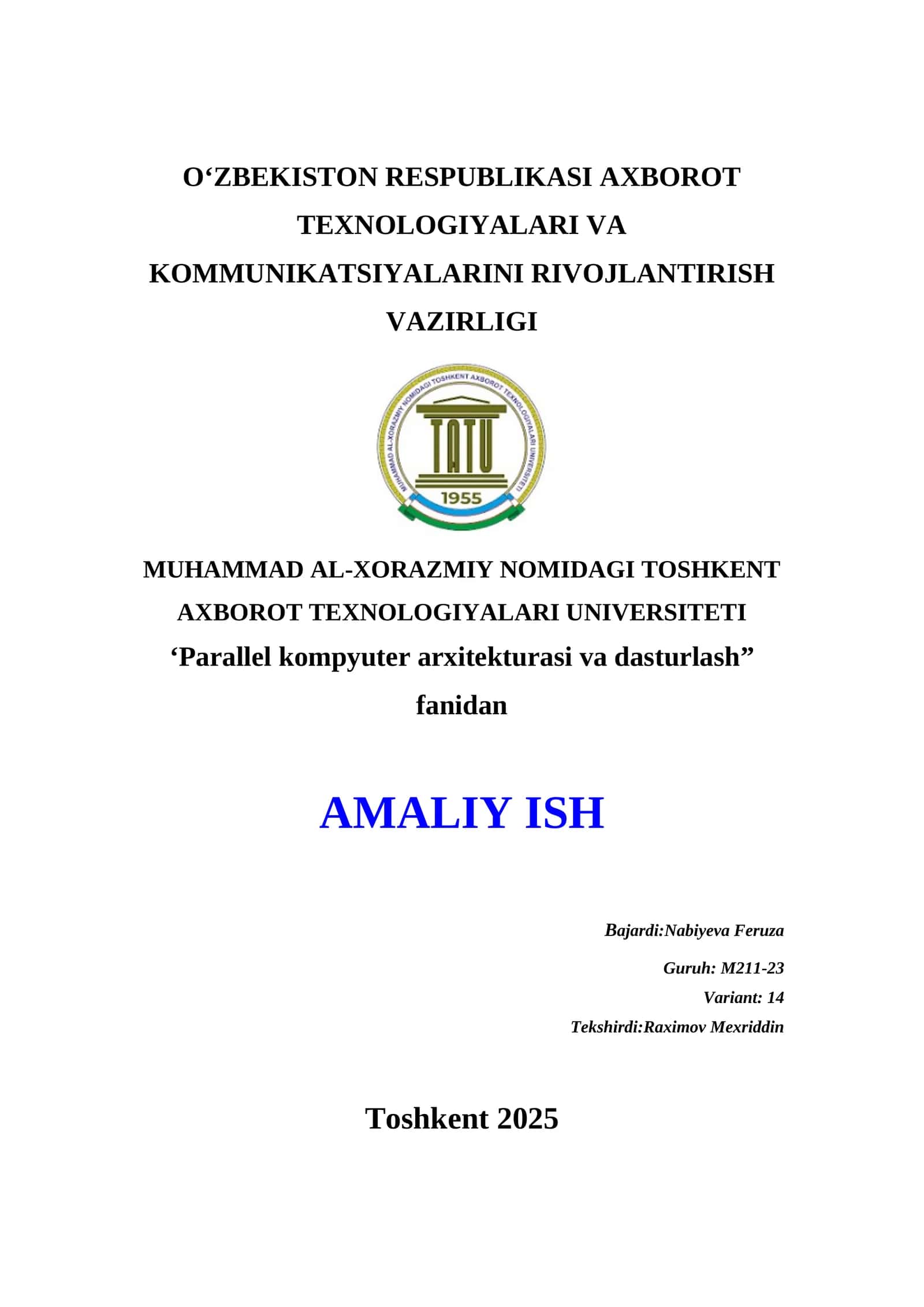 Parallel kompyuter arxitekturasi va dasturlash 1