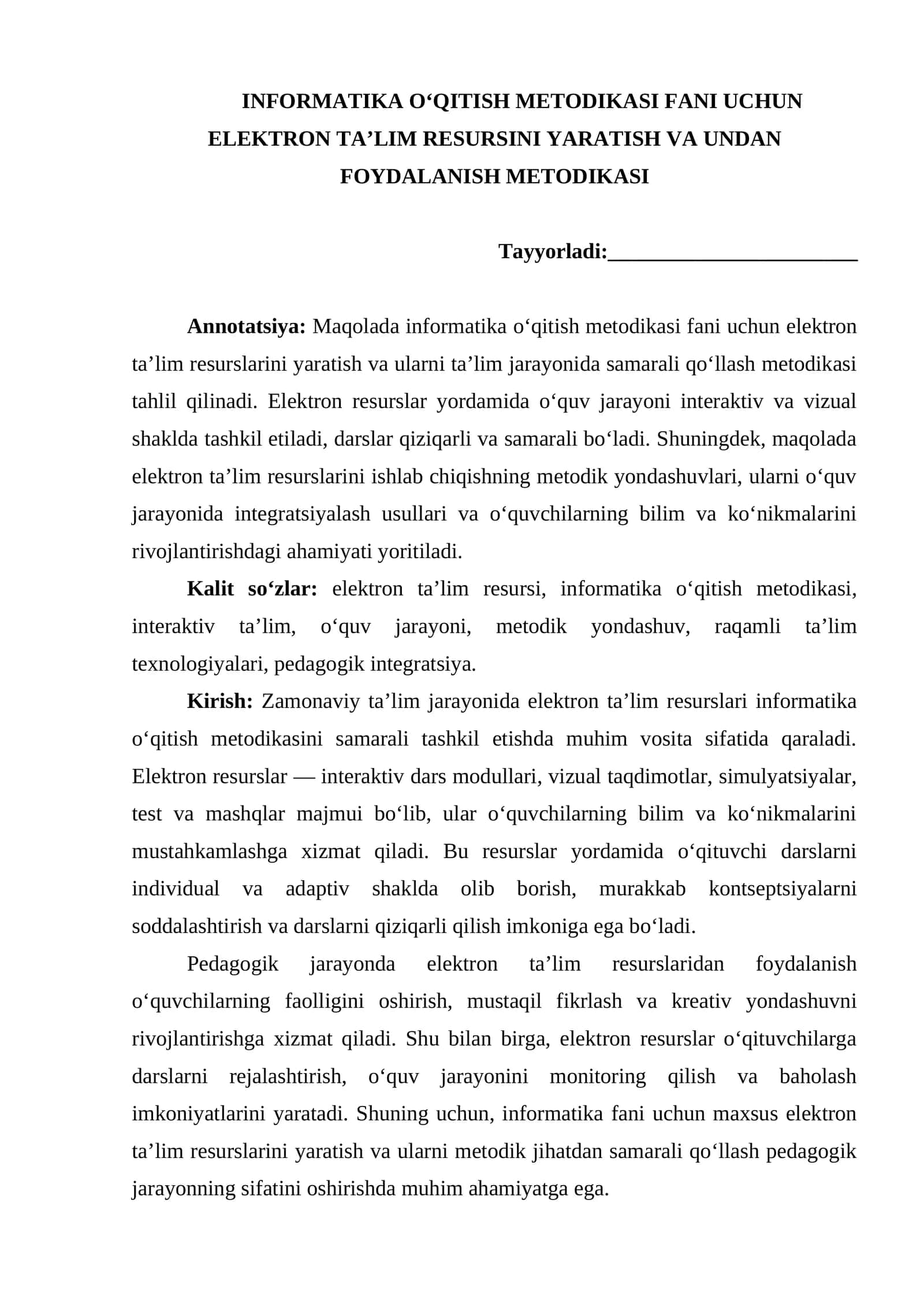 INFORMATIKA O‘QITISH METODIKASI FANI UCHUN ELEKTRON TA’LIM RESURSINI YARATISH VA UNDAN FOYDALANISH METODIKASI maqola 1