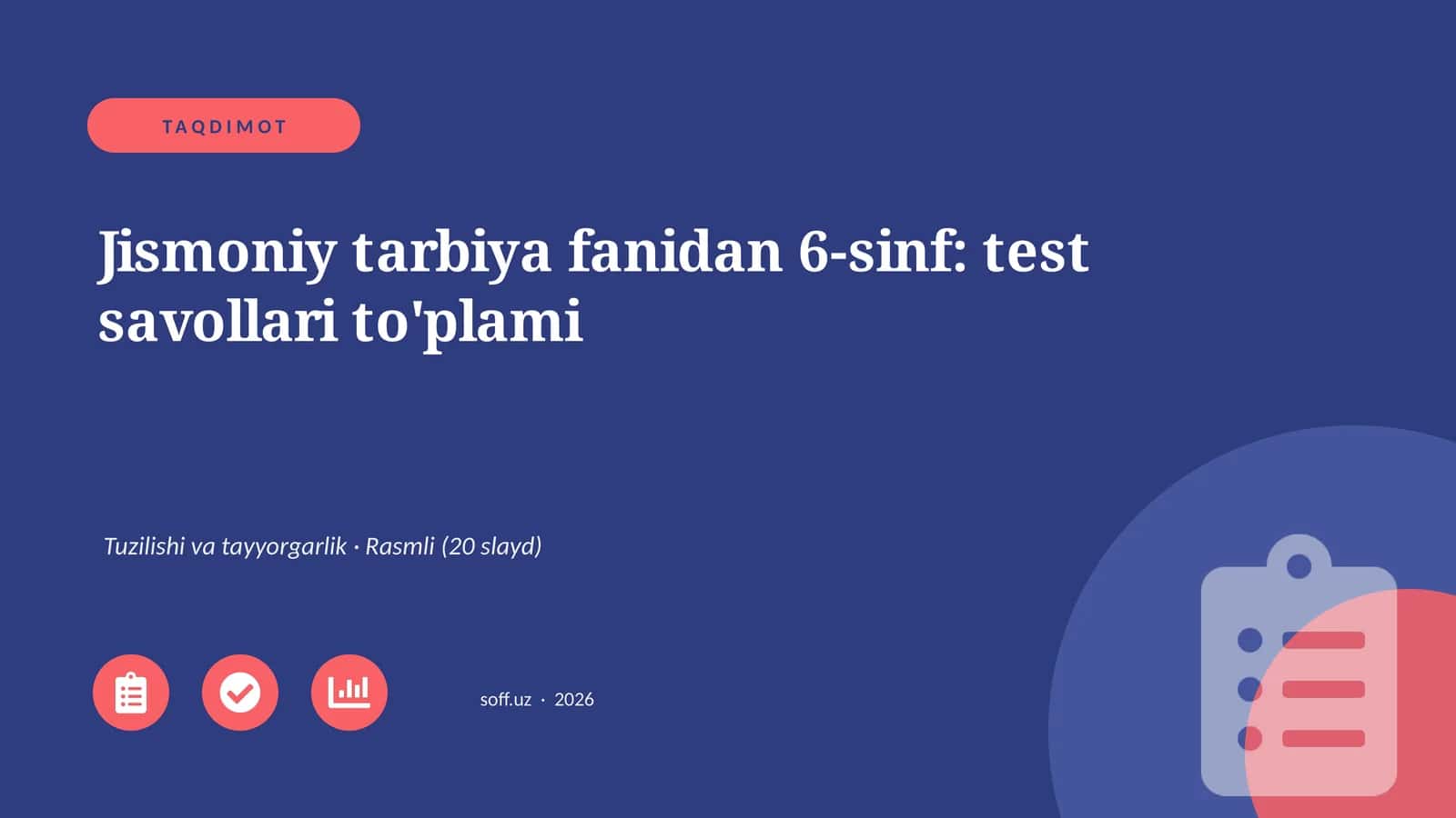 Jismoniy tarbiya fanidan 6-sinf: test savollari to'plami 1