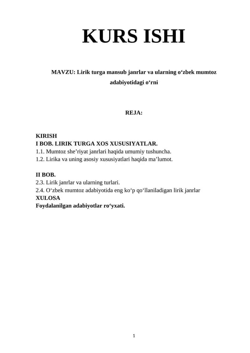 Lirik turga mansub janrlar va ularning o‘zbek mumtoz adabiyotidagi o‘rni 1
