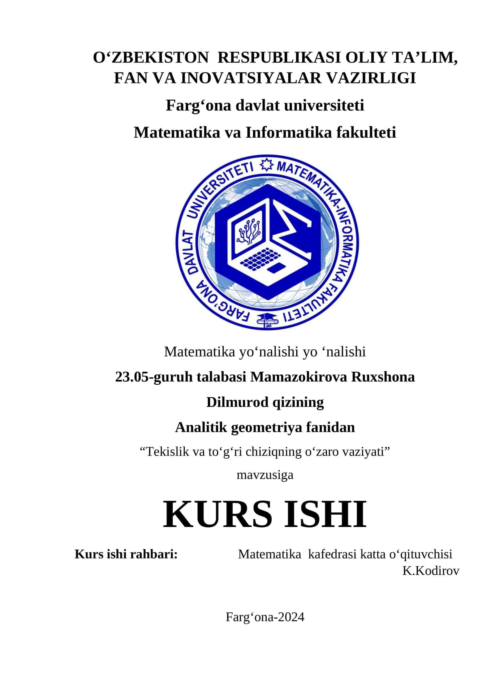 Tekislik va to‘g‘ri chiziqning o‘zaro vaziyati 1