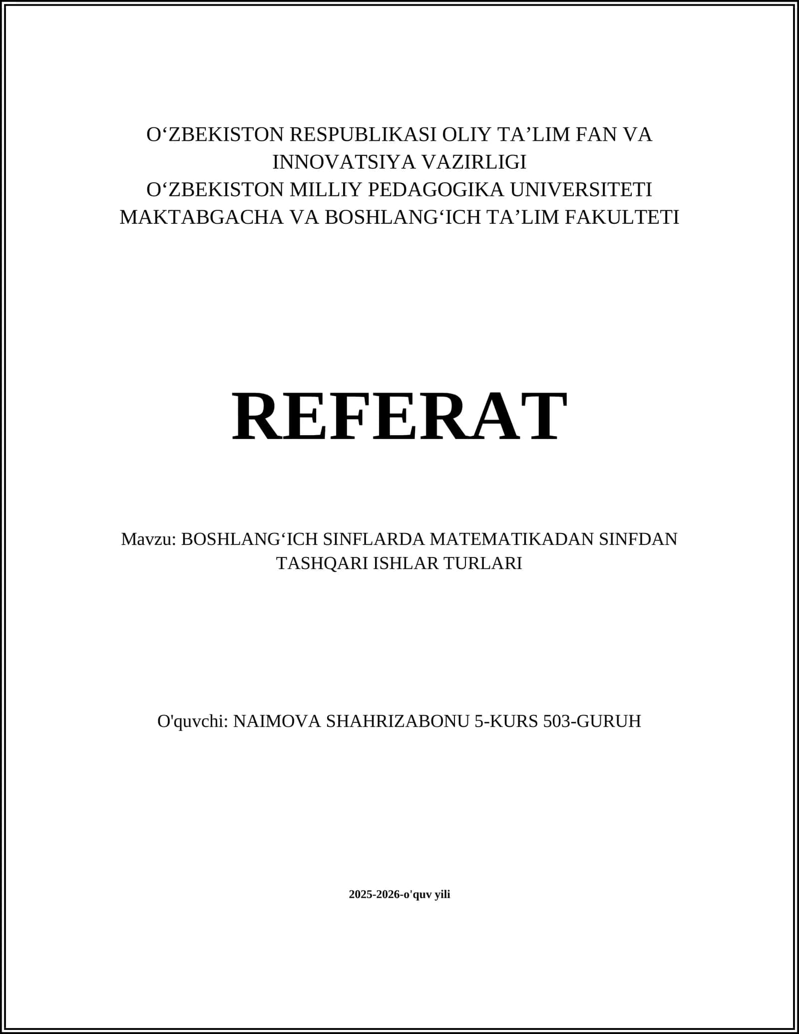 BOSHLANGʻICH SINFLARDA MATEMATIKADAN SINFDAN TASHQARI ISHLAR TURLARI 1
