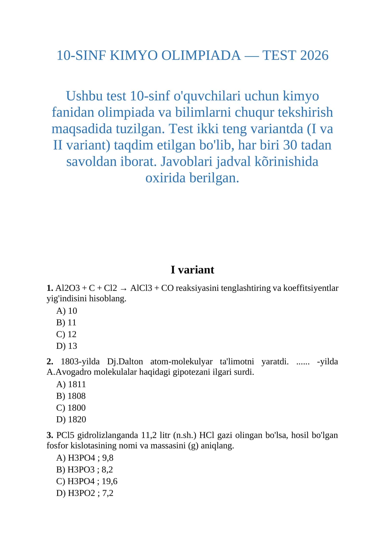 10-SINF KIMYO OLIMPIADA — TEST 2026 1