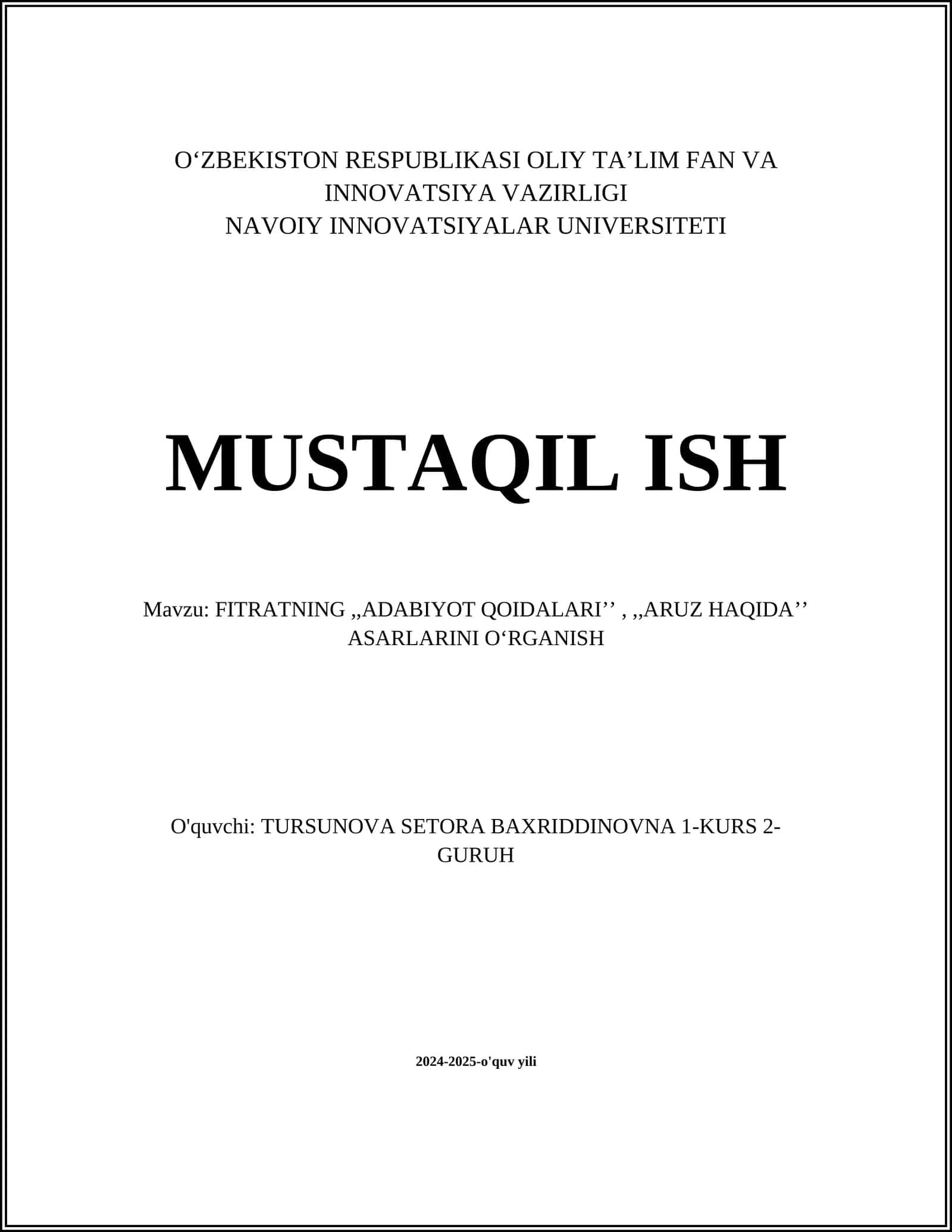 FITRATNING ADABIYOT QOIDALARI’’,,,ARUZ HAQIDA’’ ASARLARINI OʻRGANISH 1