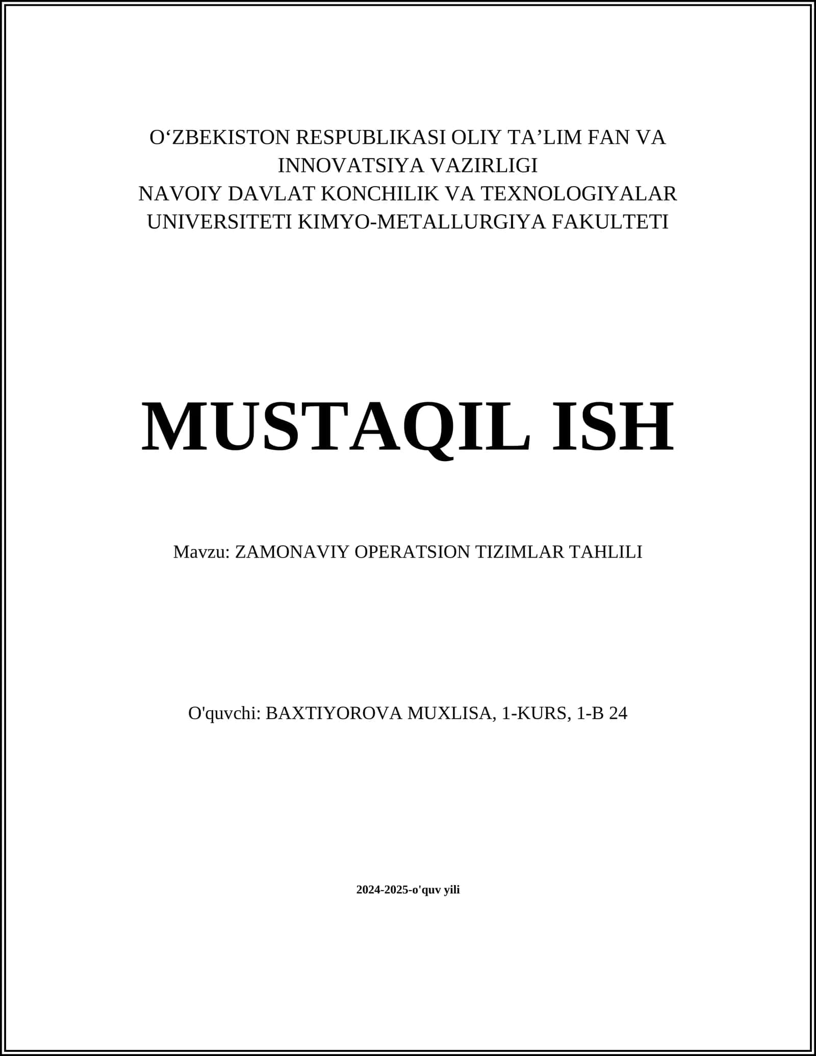 ZAMONAVIY OPERATSION TIZIMLAR TAHLILI 1
