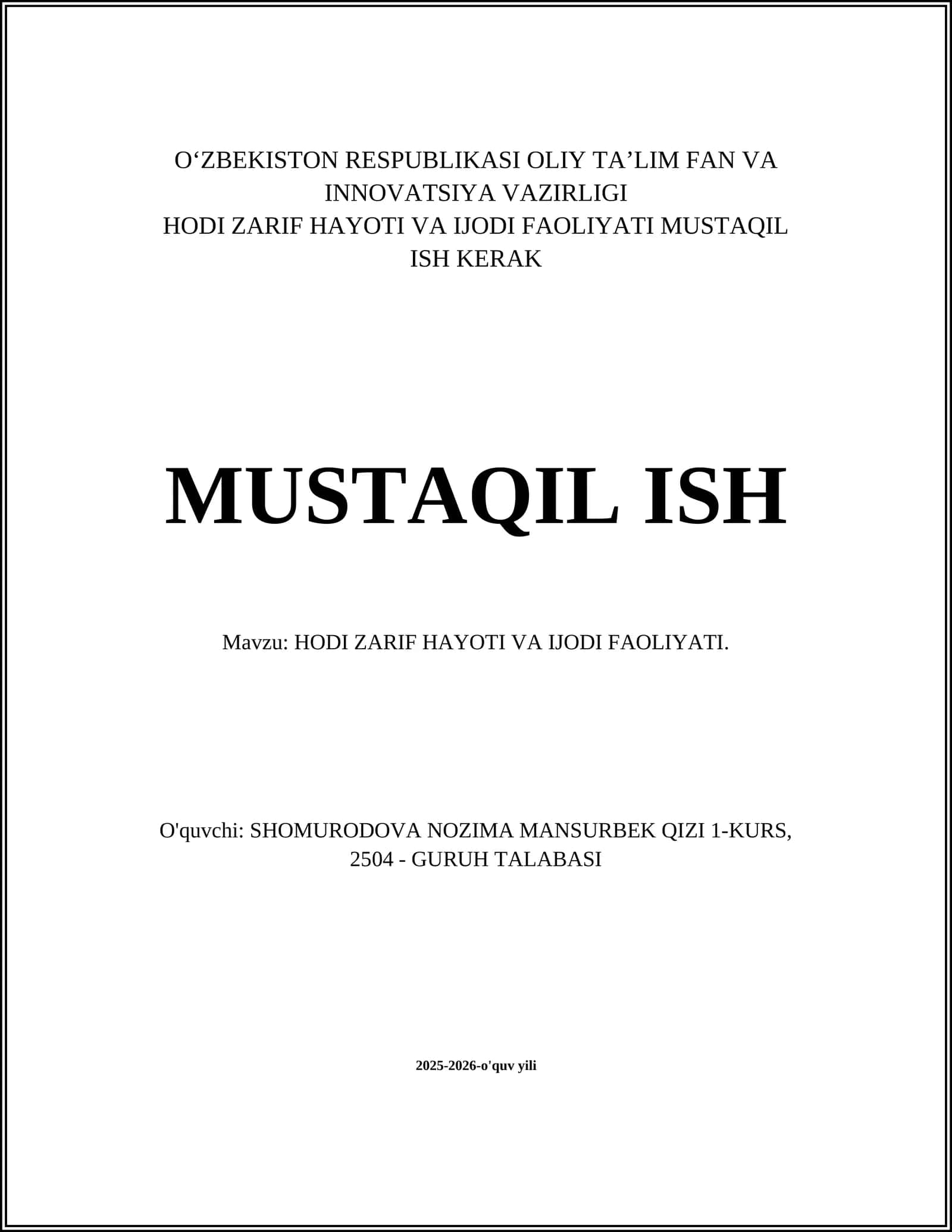 HODI ZARIF HAYOTI VA IJODI FAOLIYATI 1