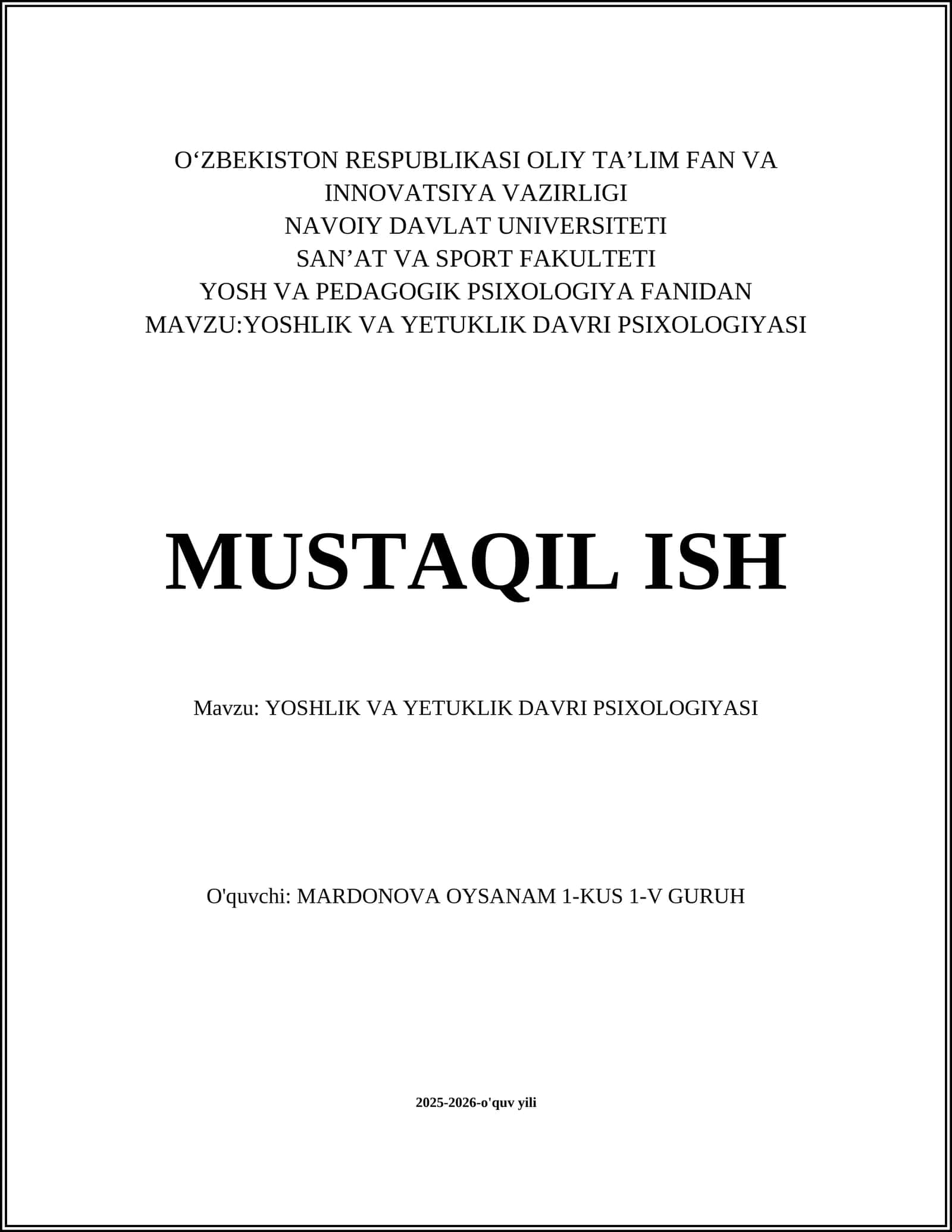 YOSHLIK VA YETUKLIK DAVRI PSIXOLOGIYASI 1