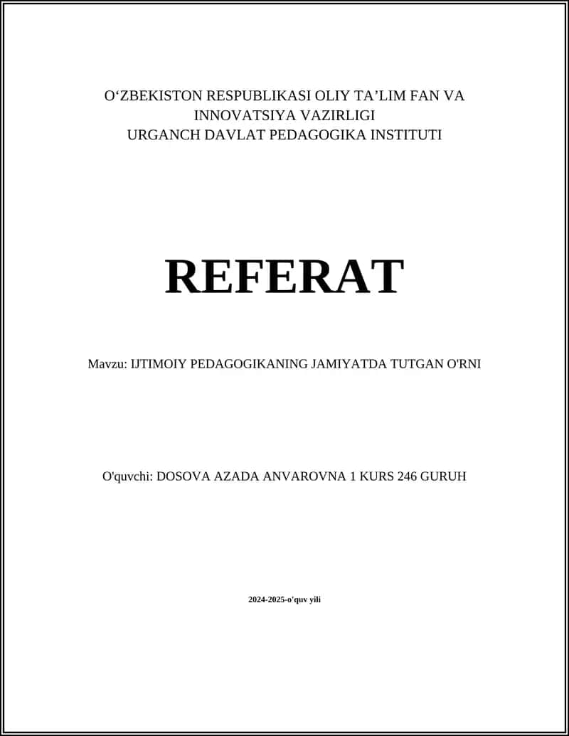 IJTIMOIY PEDAGOGIKANING JAMIYATDA TUTGAN O'RNI 1