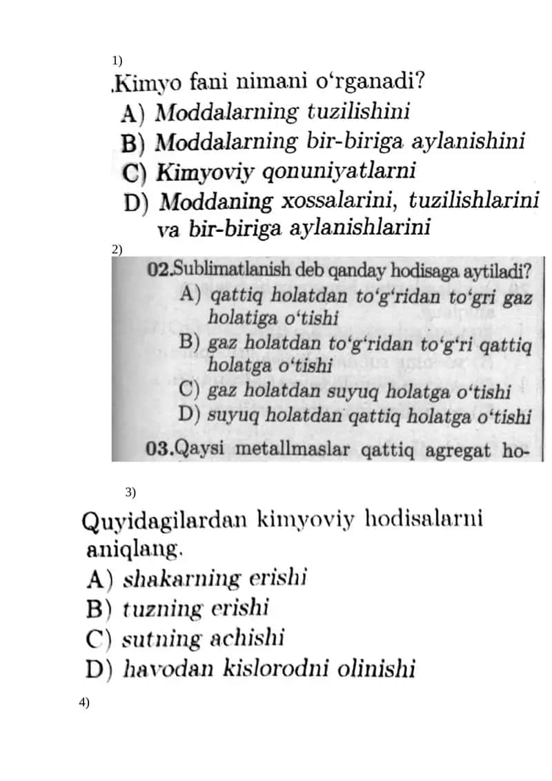 Kimyo faniga kirish test 1