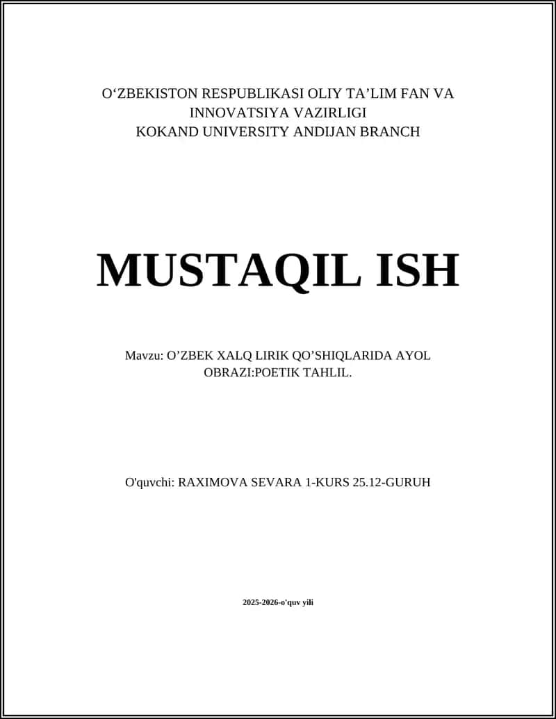 OʼZBEK XALQ LIRIK QOʼSHIQLARIDA AYOL OBRAZI:POETIK TAHLIL 1