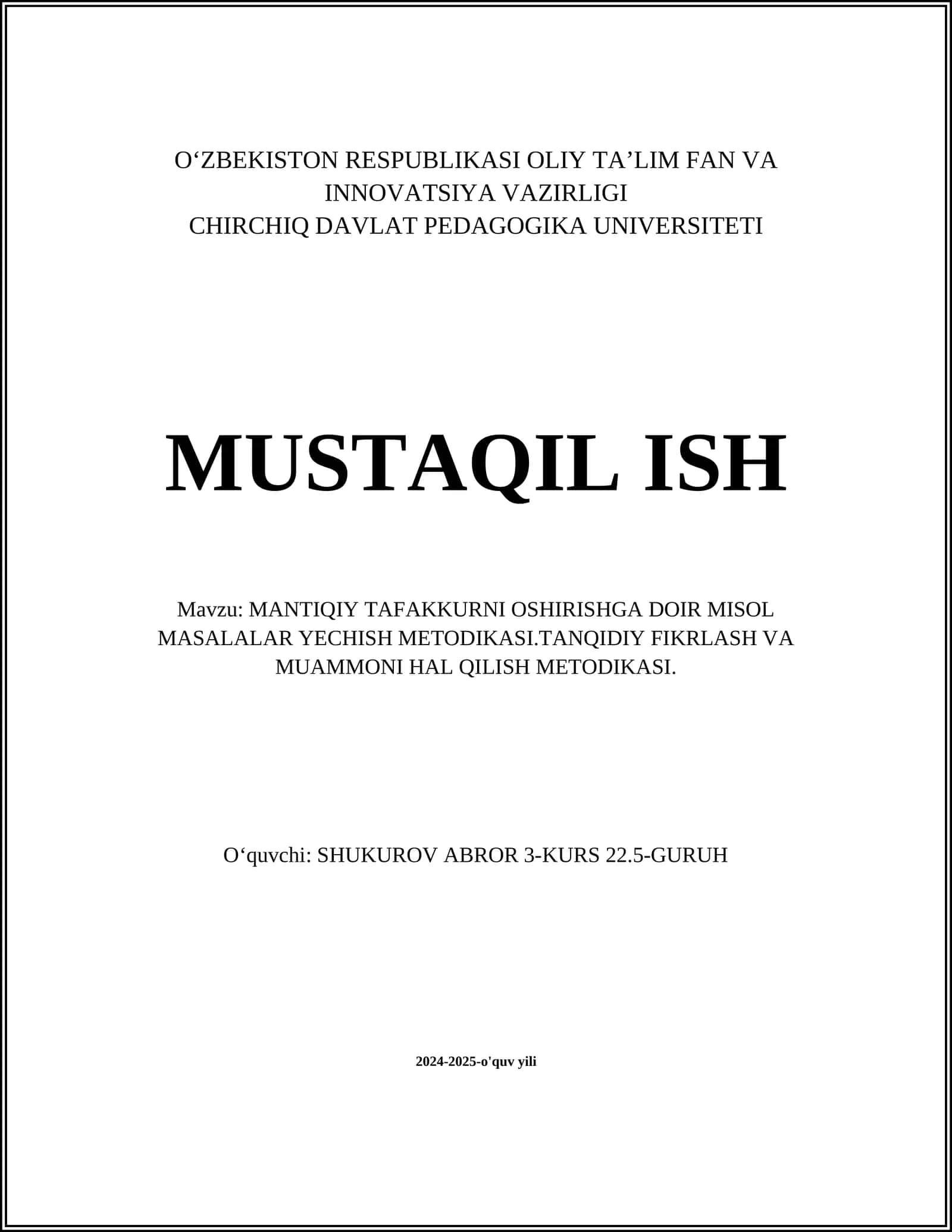 MANTIQIY TAFAKKURNI OSHIRISHGA DOIR MISOL MASALALAR YECHISH METODIKASI 1