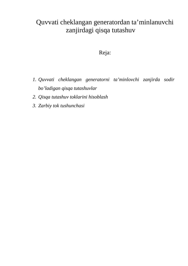 Quvvati cheklangan generatordan ta’minlanuvchi zanjirdagi qisqa tutashuv 1