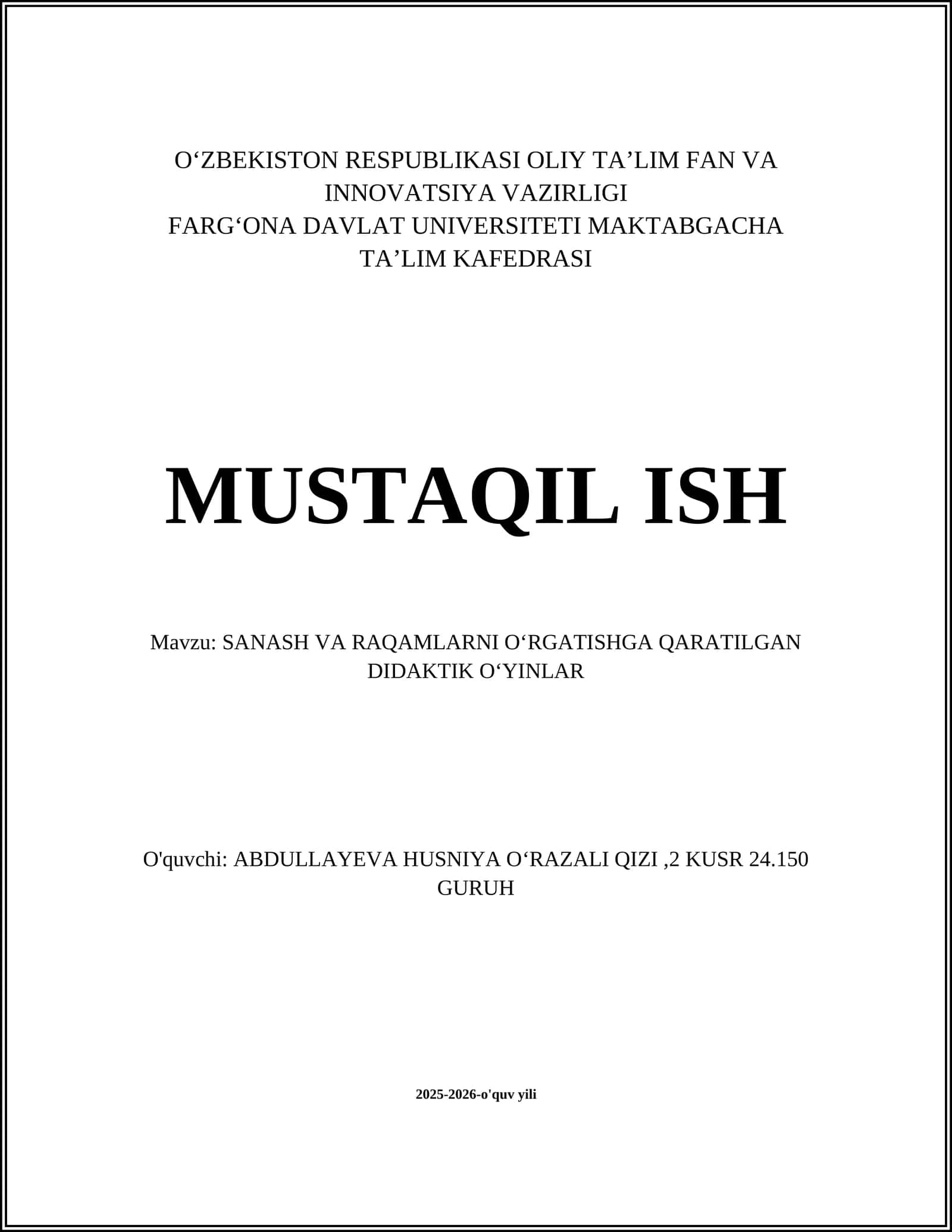 SANASH VA RAQAMLARNI OʻRGATISHGA QARATILGAN DIDAKTIK OʻYINLAR 1