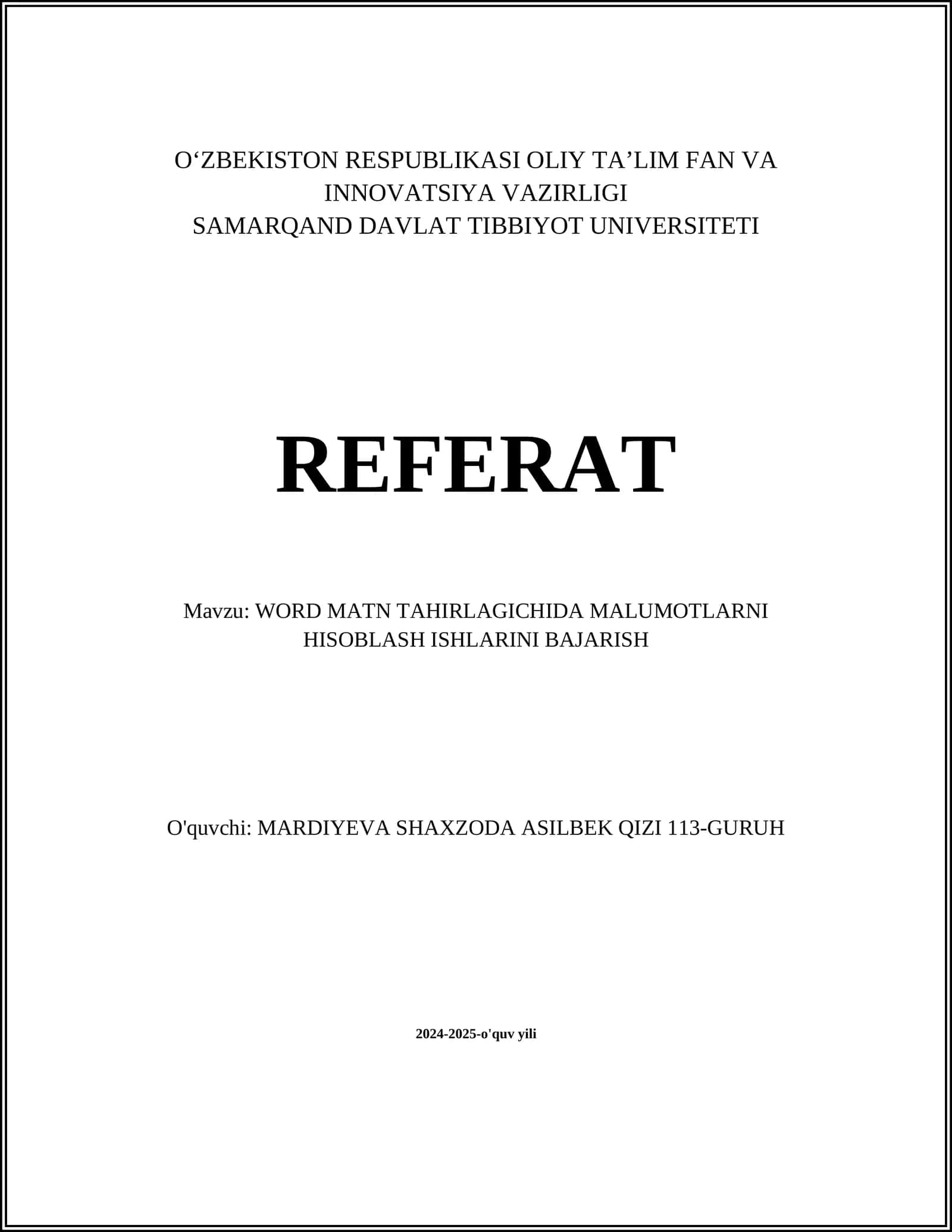 WORD MATN TAHIRLAGICHIDA MALUMOTLARNI HISOBLASH ISHLARINI BAJARISH 1