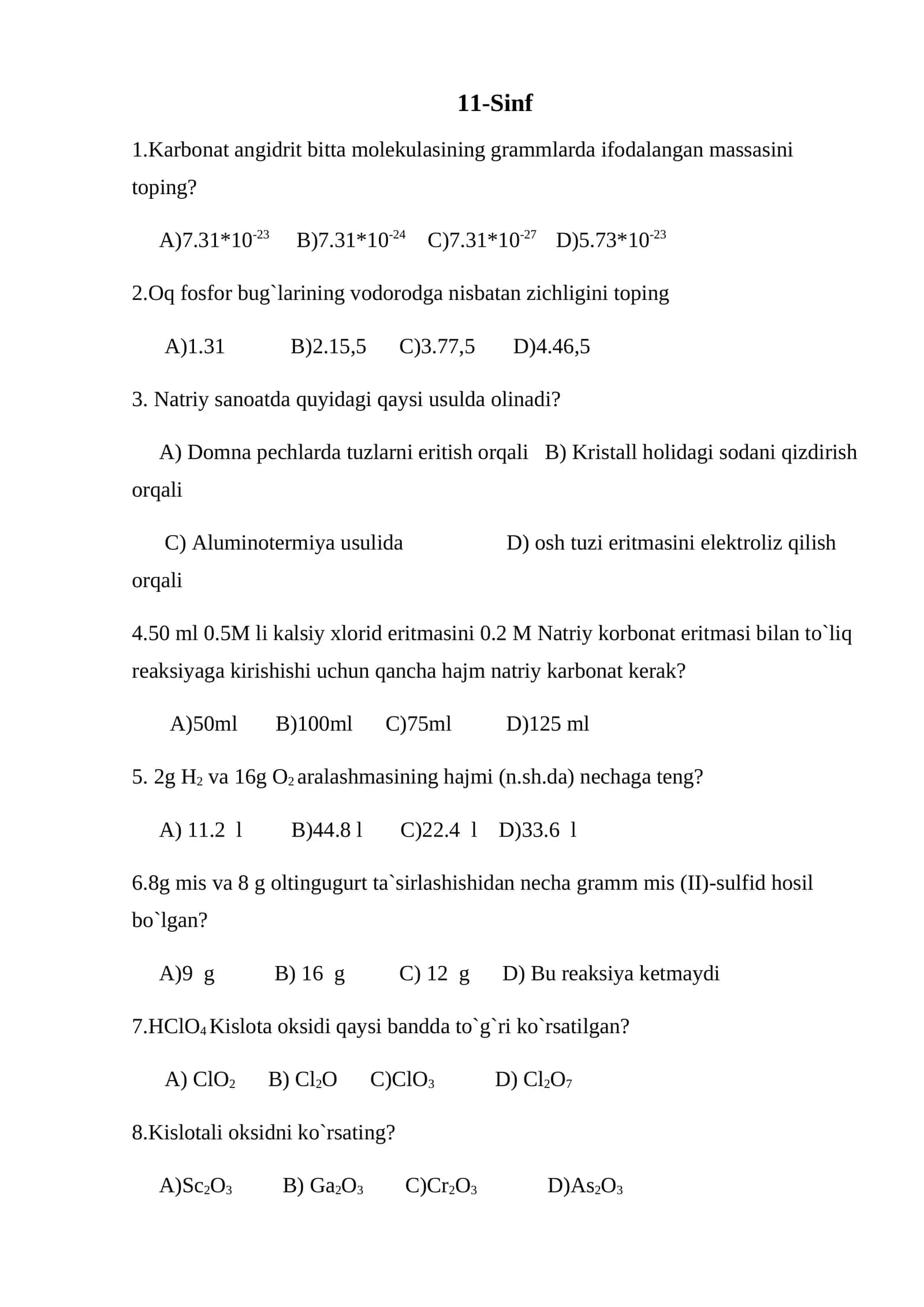 Fizika fanidan 11-Sinf testlar 1