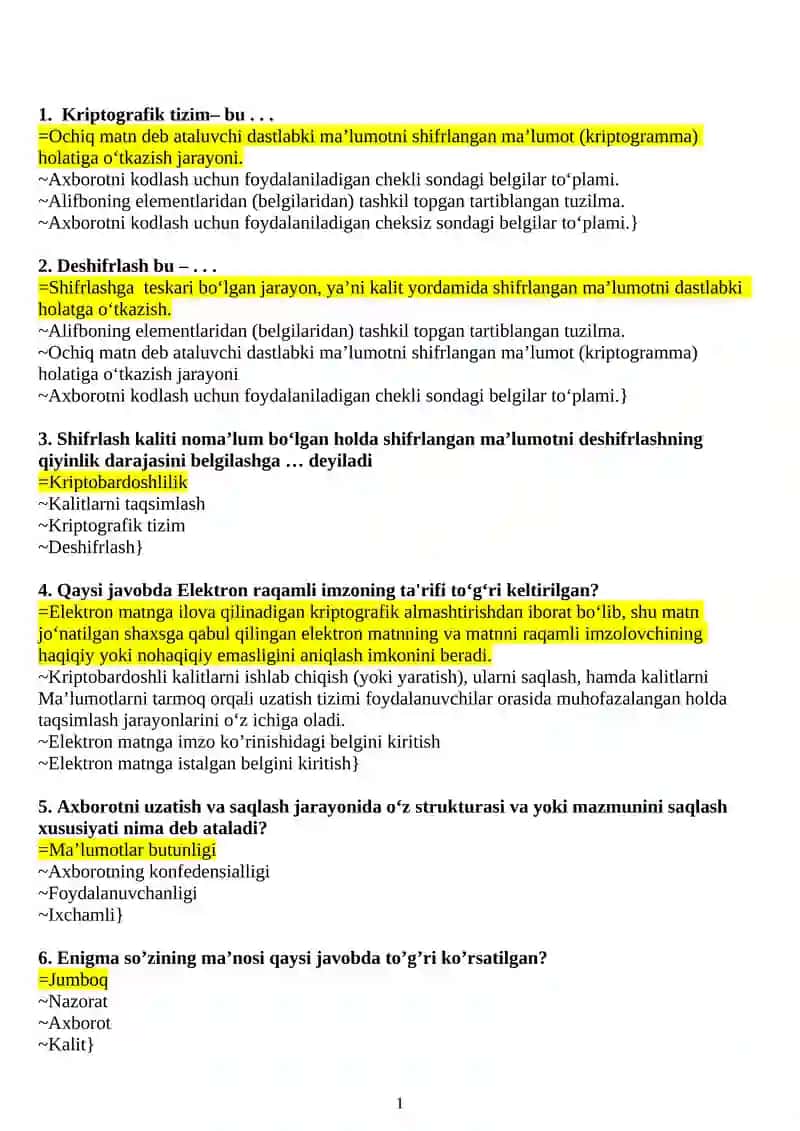 Kriptografik tizim testlar 1