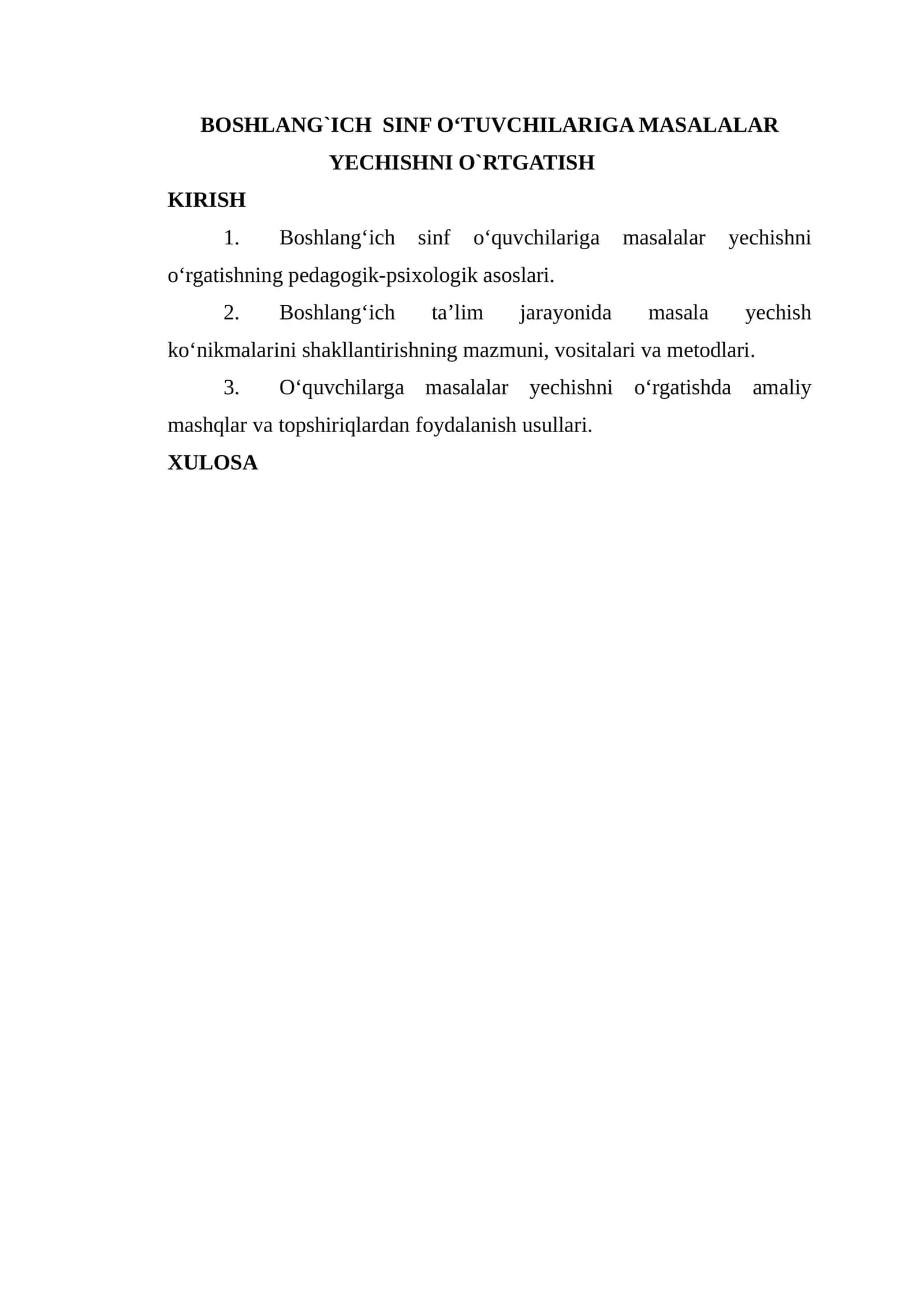 BOSHLANG`ICH SINF O‘TUVCHILARIGA MASALALAR YECHISHNI O`RTGATISH 1