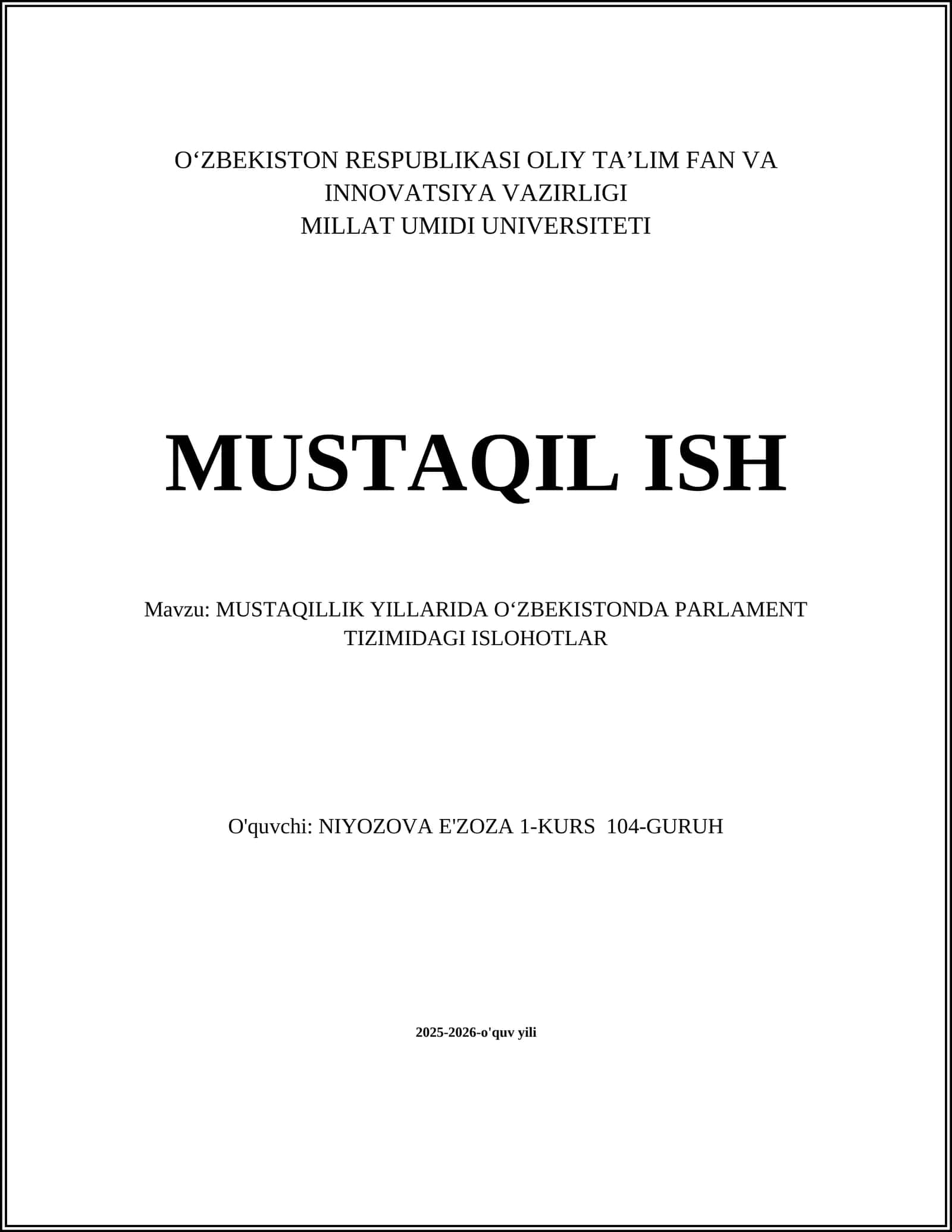 MUSTAQILLIK YILLARIDA OʻZBEKISTONDA PARLAMENT TIZIMIDAGI ISLOHOTLAR 1