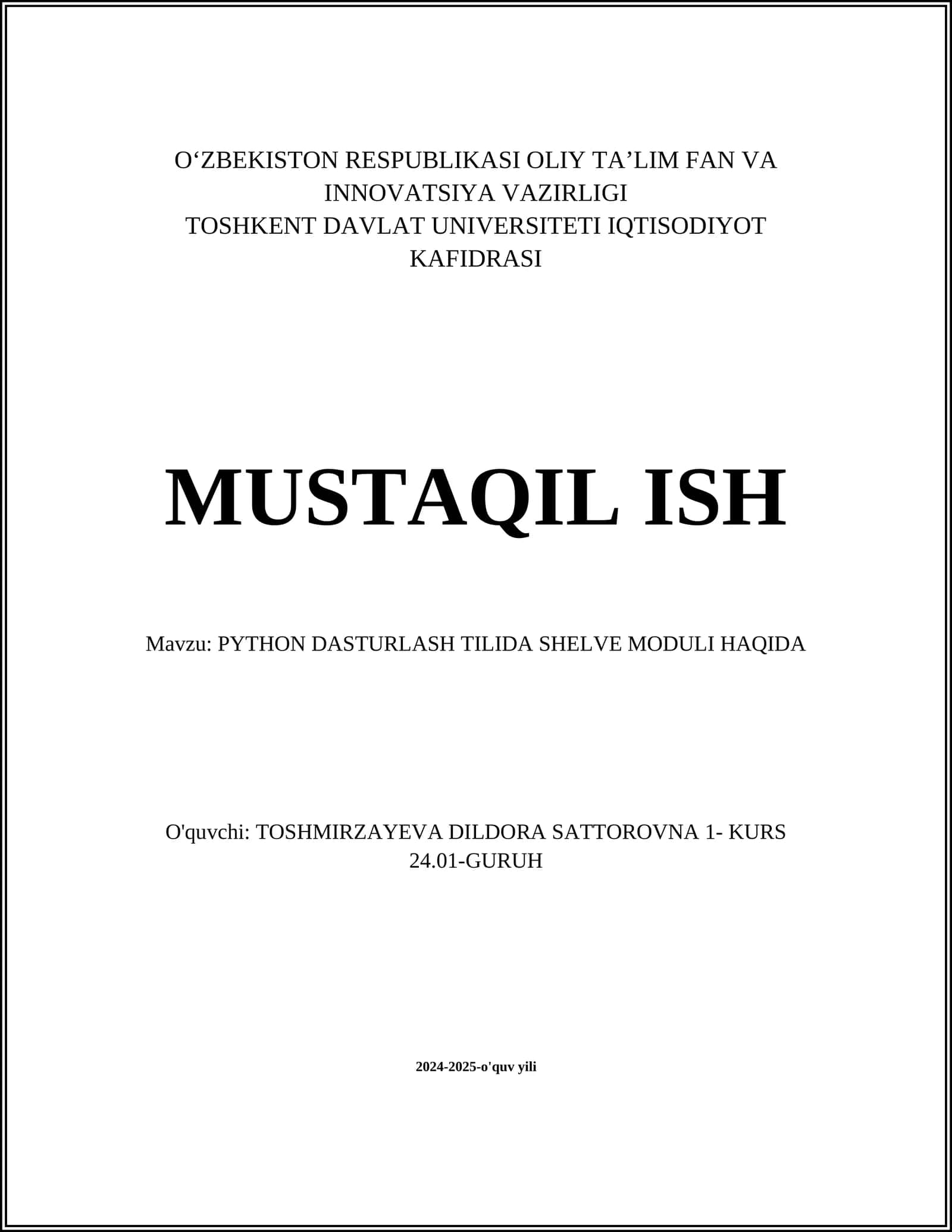 PYTHON DASTURLASH TILIDA SHELVE MODULI HAQIDA 1