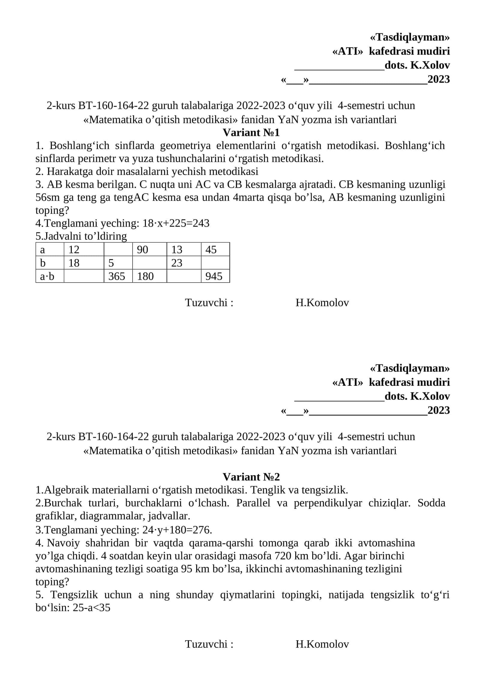 Matematika o’qitish metodikasi YaN yozma ish variantlari 1