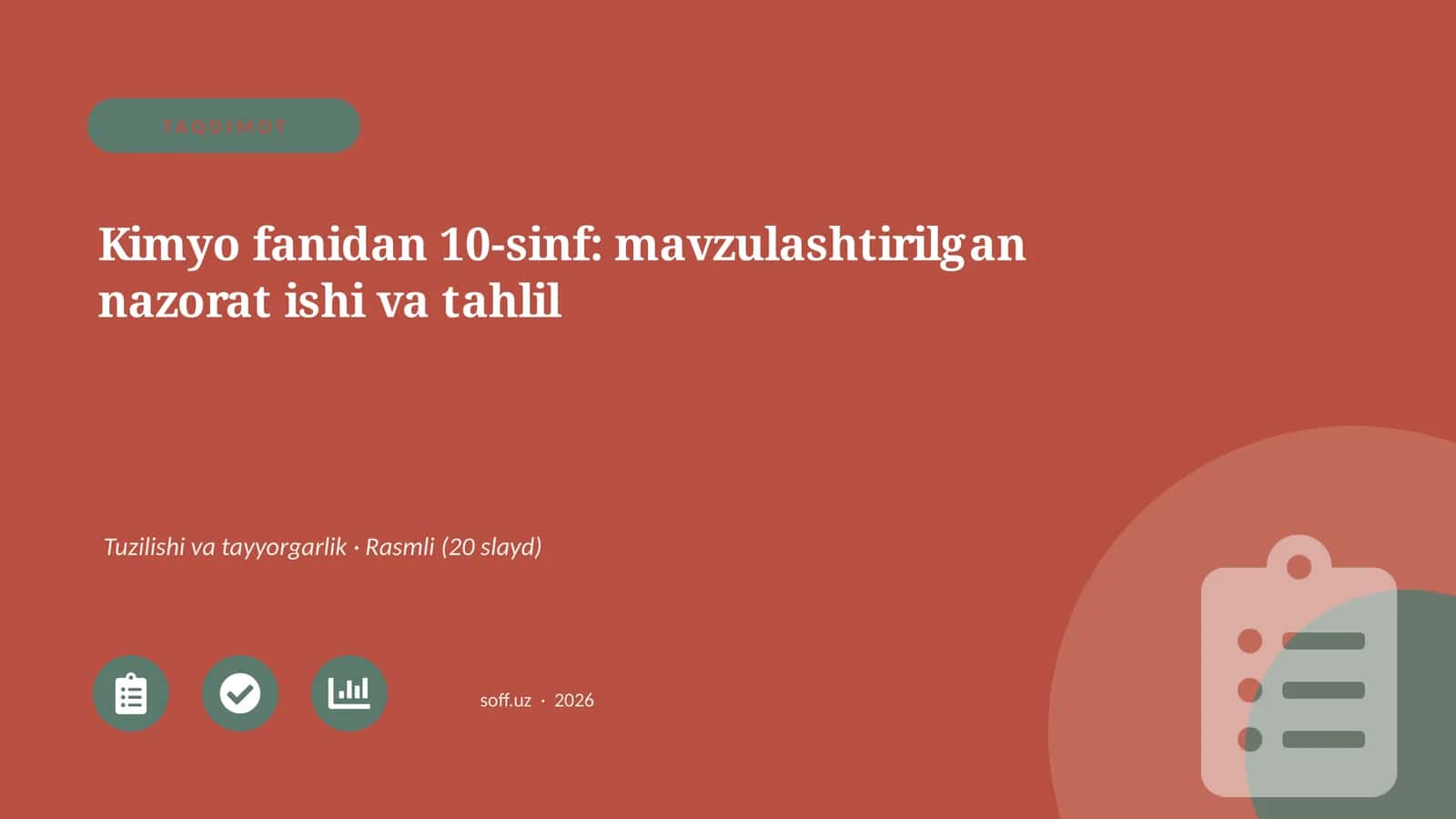 Kimyo fanidan 10-sinf: mavzulashtirilgan nazorat ishi va tahlil 1