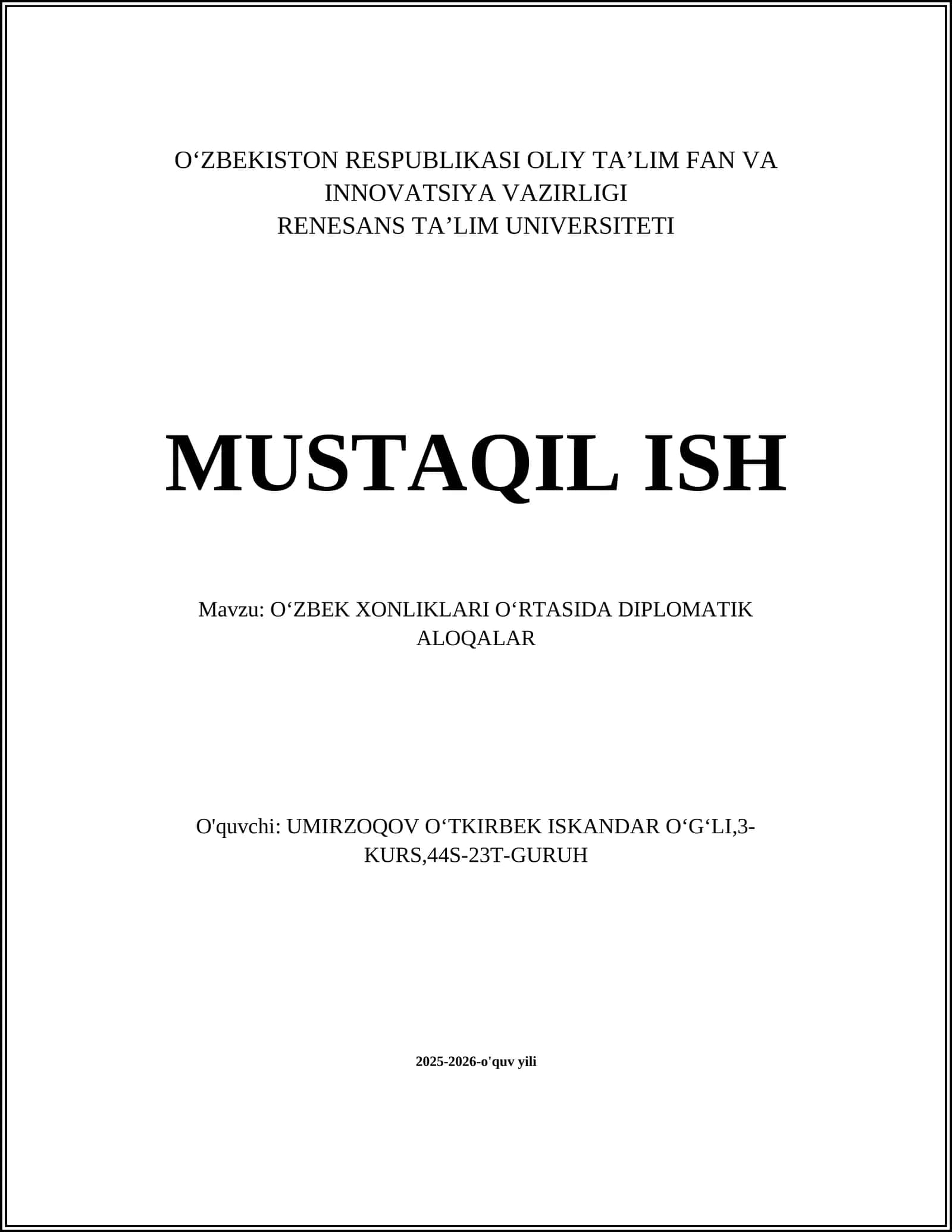 OʻZBEK XONLIKLARI OʻRTASIDA DIPLOMATIK ALOQALAR 1