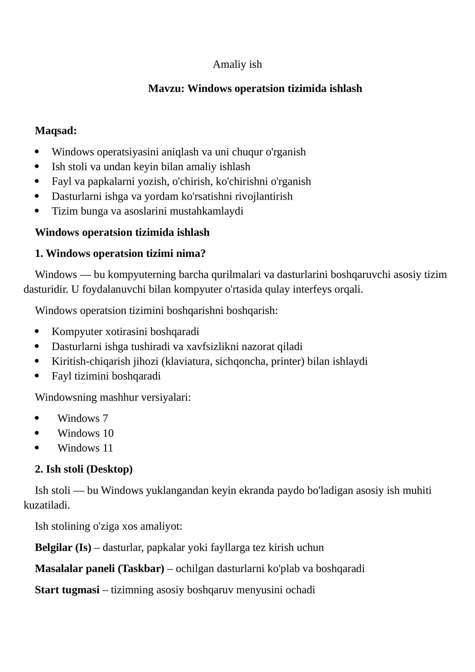 Windows operatsion tizimida ishlash 1