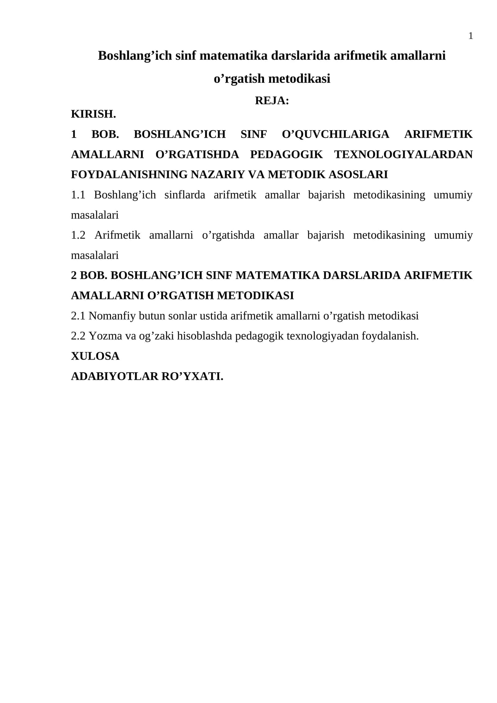 Boshlang’ich sinf matematika darslarida arifmetik amallarni o’rgatish metodikasi 1