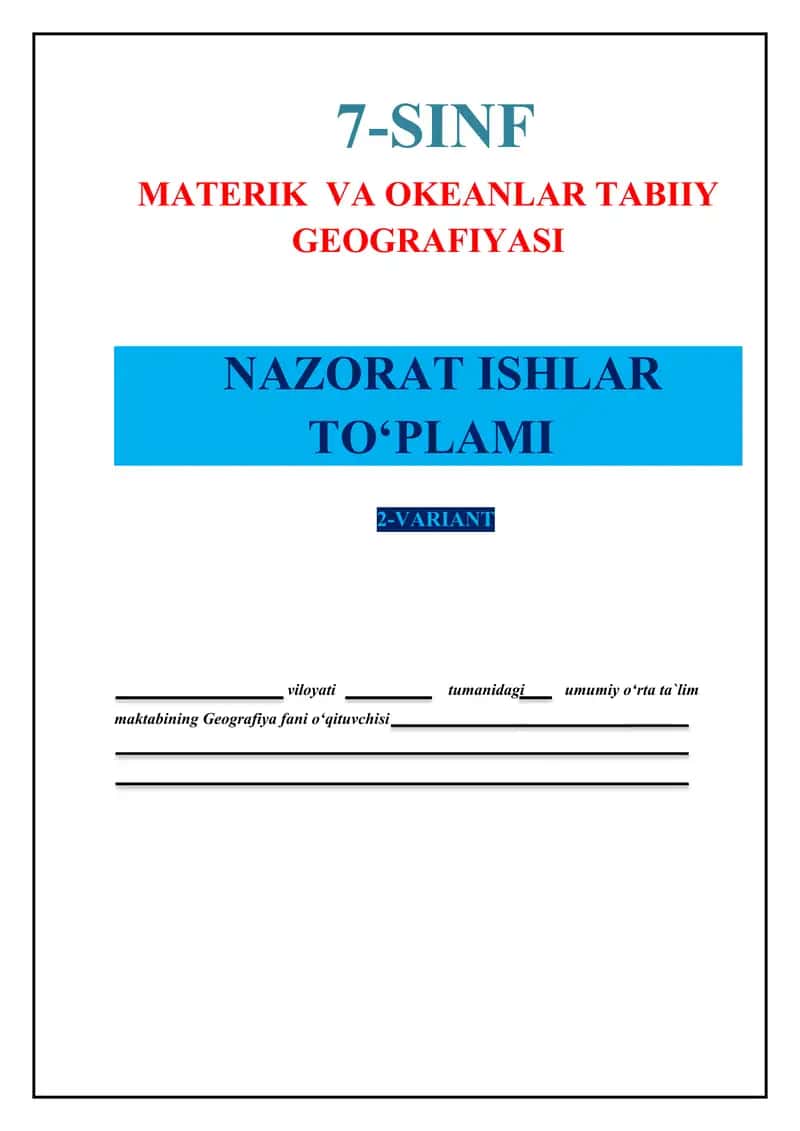 7-sinf. Nazorat ishi to`plami. 2-variant. Test. 1
