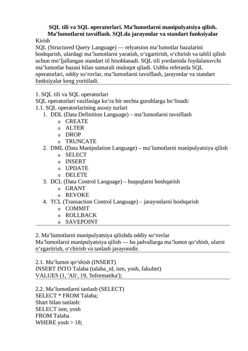 SQL tili va SQL operatorlari 1