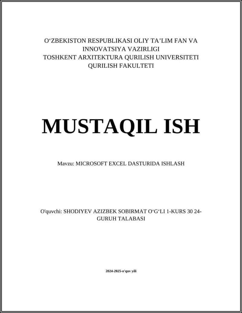 MICROSOFT EXCEL DASTURIDA ISHLASH 1