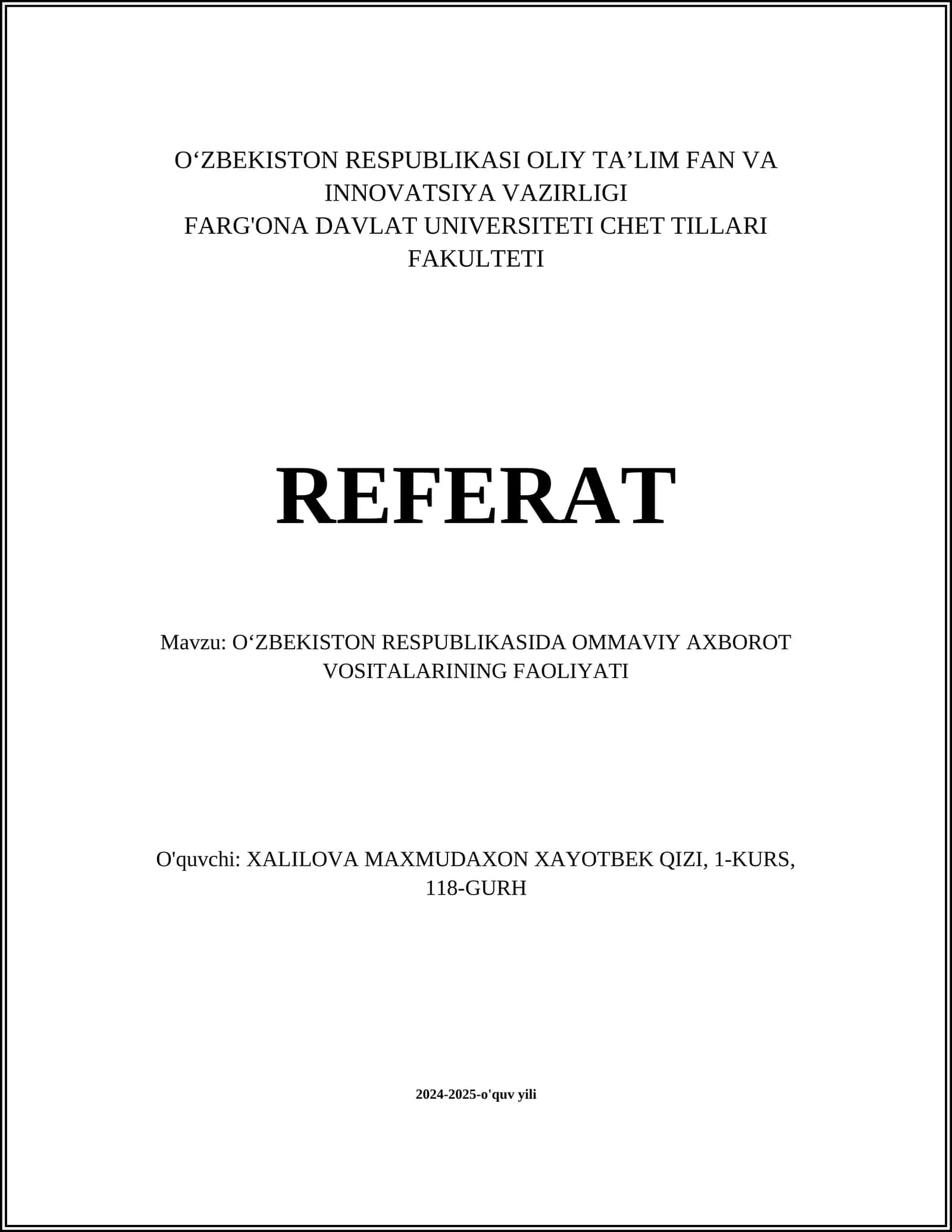 OʻZBEKISTON RESPUBLIKASIDA OMMAVIY AXBOROT VOSITALARINING FAOLIYATI 1