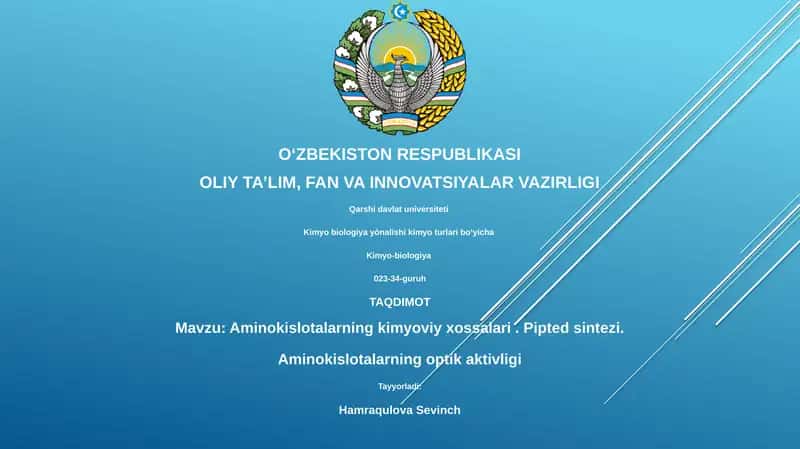 Aminokislotalarning kimyoviy xossalari. Pipted sintezi. Aminokislotalarning optik aktivligi 1