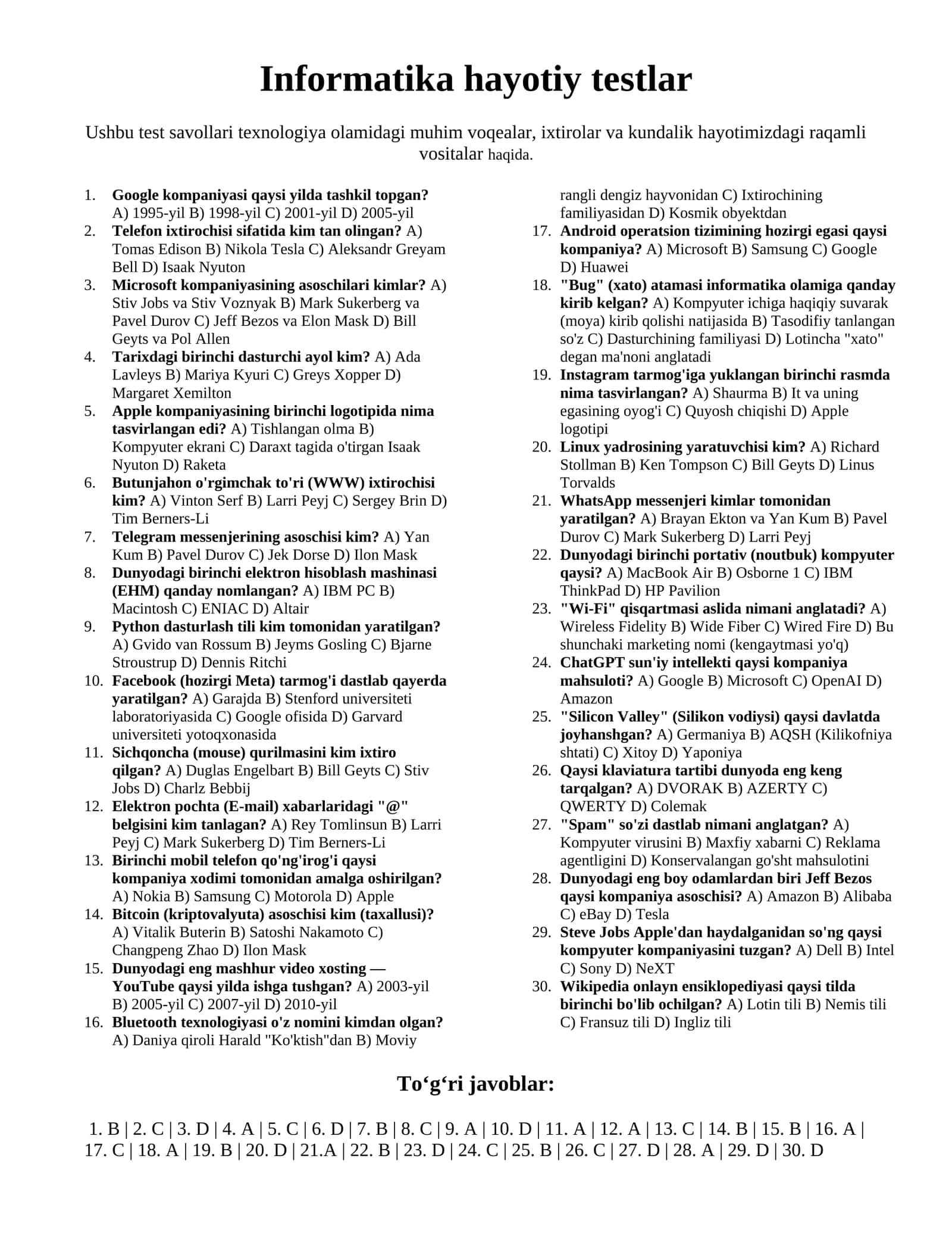 Informatikadan 30 hayotiy test 1