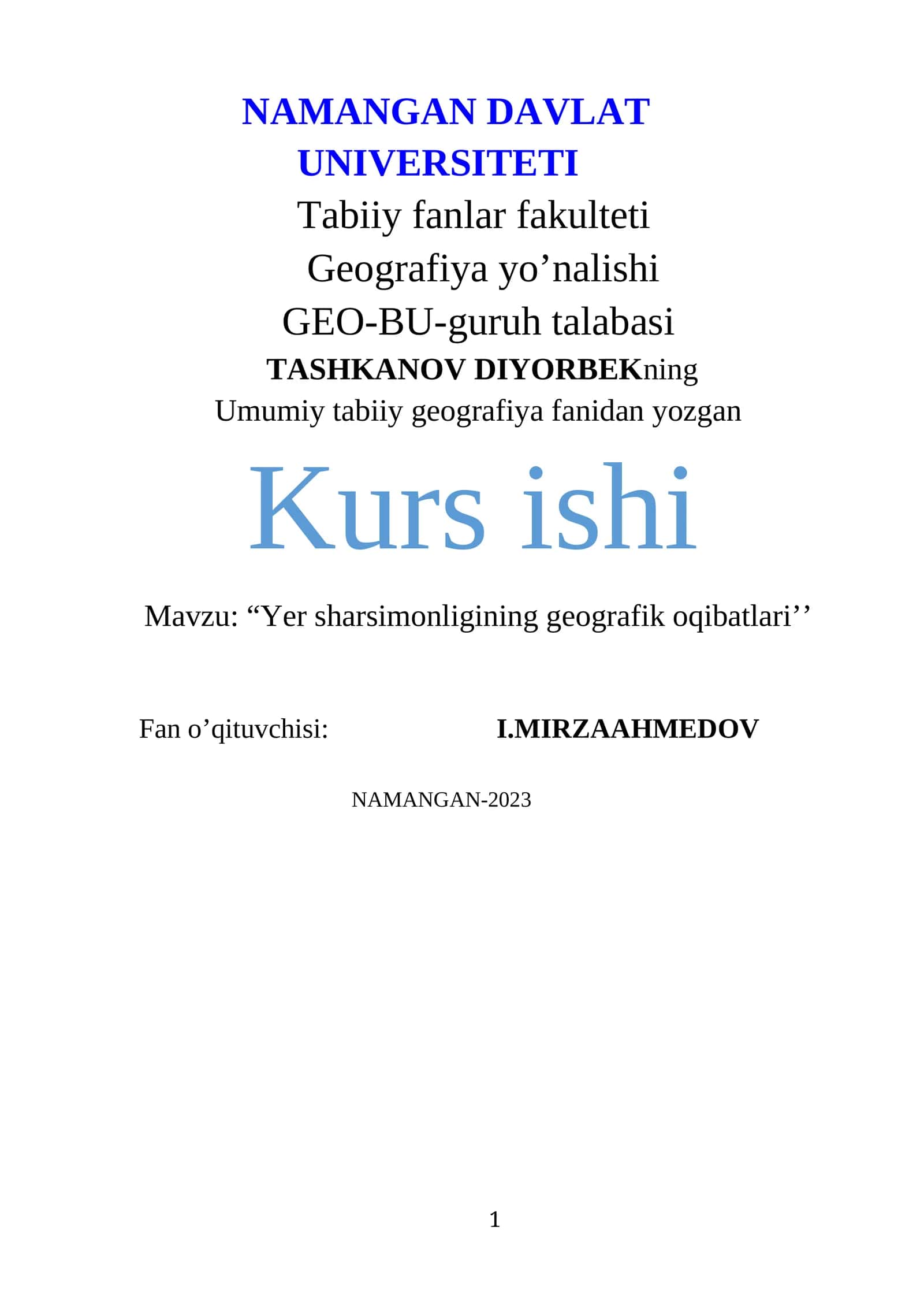 Umumiy tabiiy geografiya fanidan yozgan kurs ishi 1