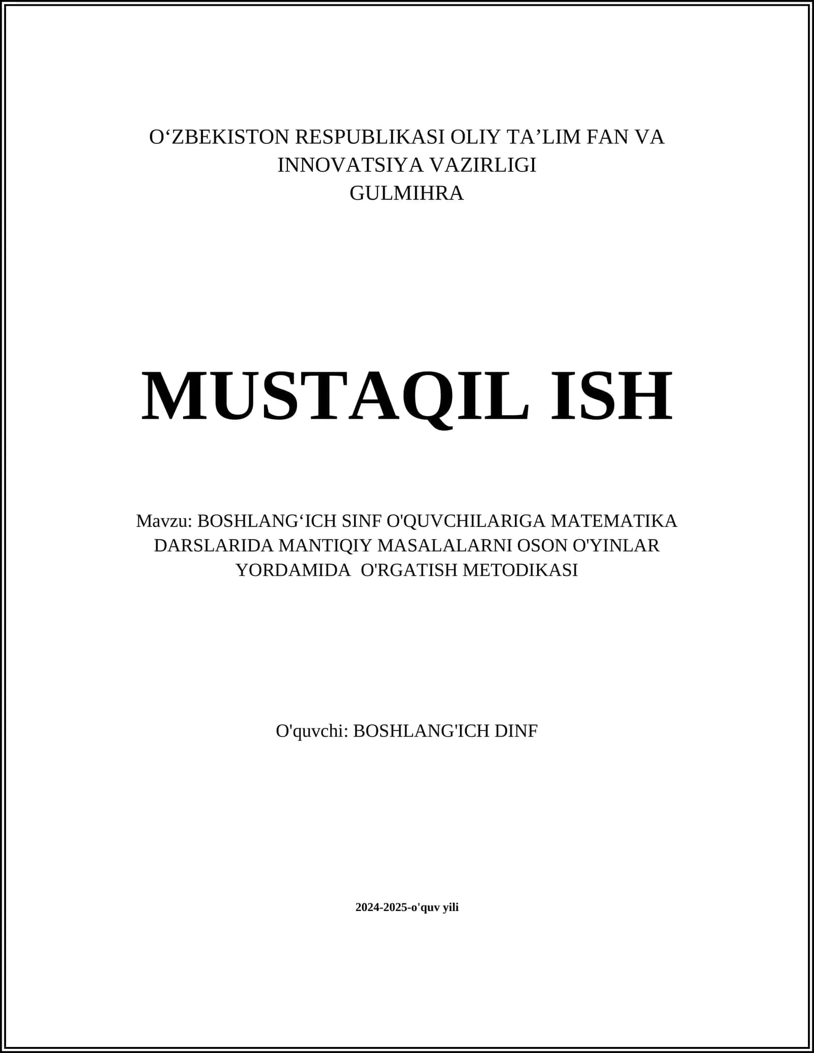BOSHLANGʻICH SINF O'QUVCHILARIGA MATEMATIKA DARSLARIDA MANTIQIY MASALALARNI OSON O'YINLAR YORDAMIDA O'RGATISH METODIKASI 1